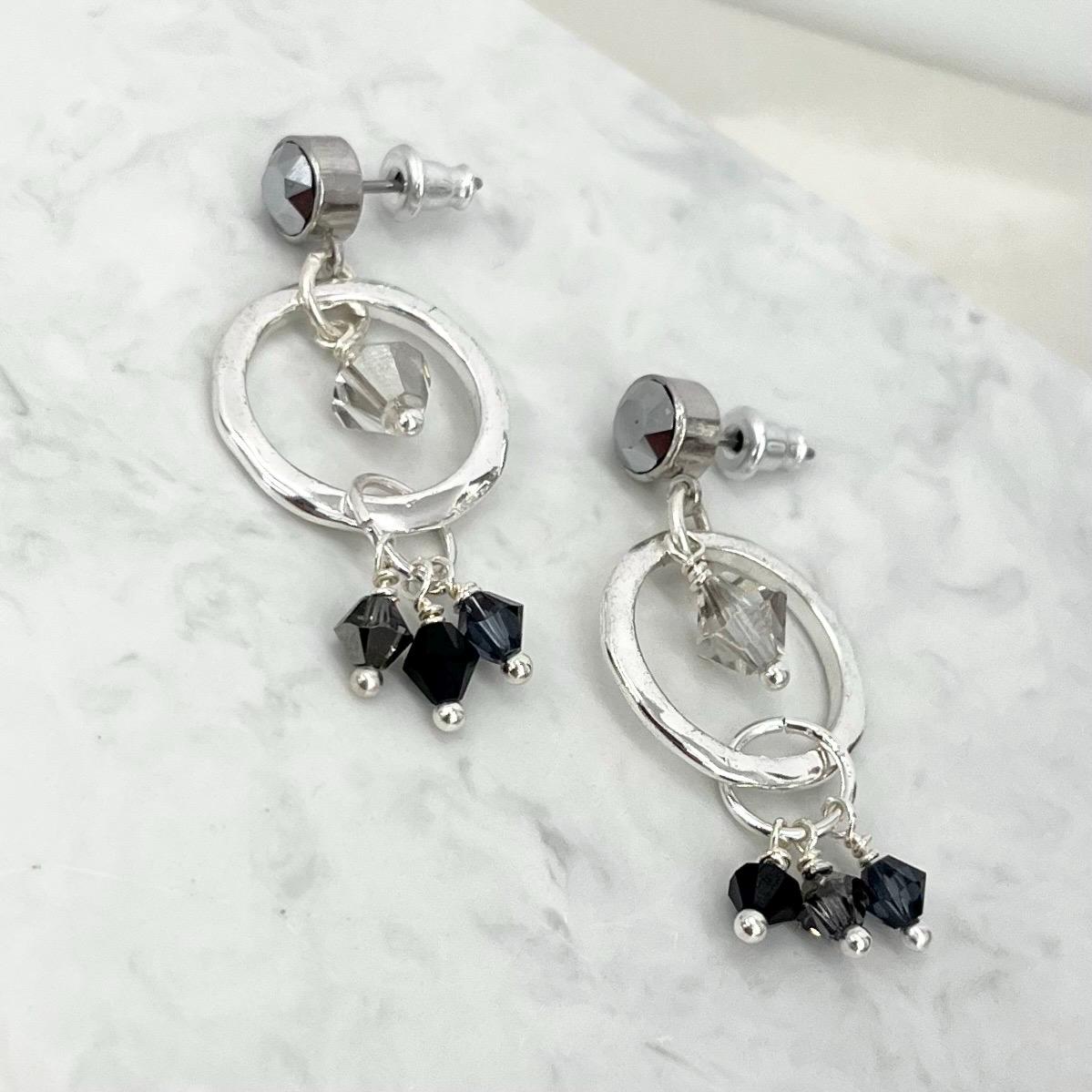 Contemporary Black & Grey Swarovski Crystal Droplet Silver Plated Hoop Earrings - Milly Oliver MillyOliverVintage