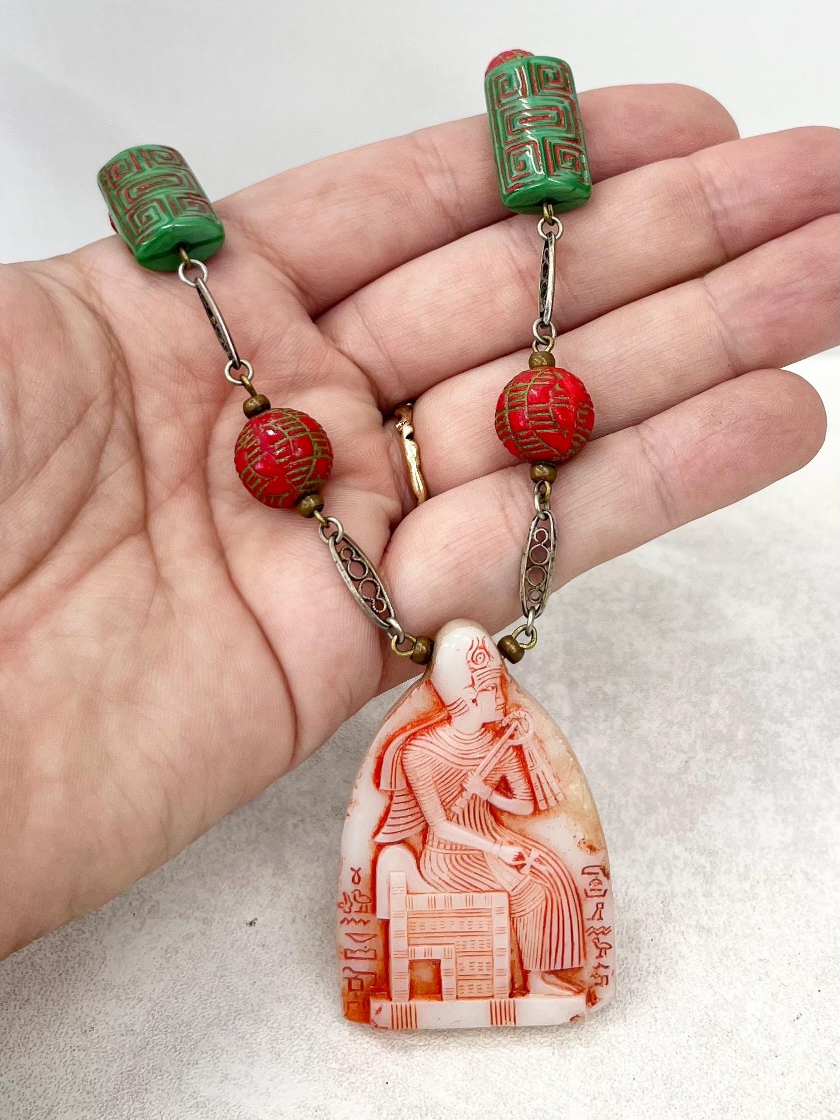 Vintage Art Deco Max Neiger Egyptian Revival Glass Pendant Drop Necklace 20” Long MillyOliverVintage