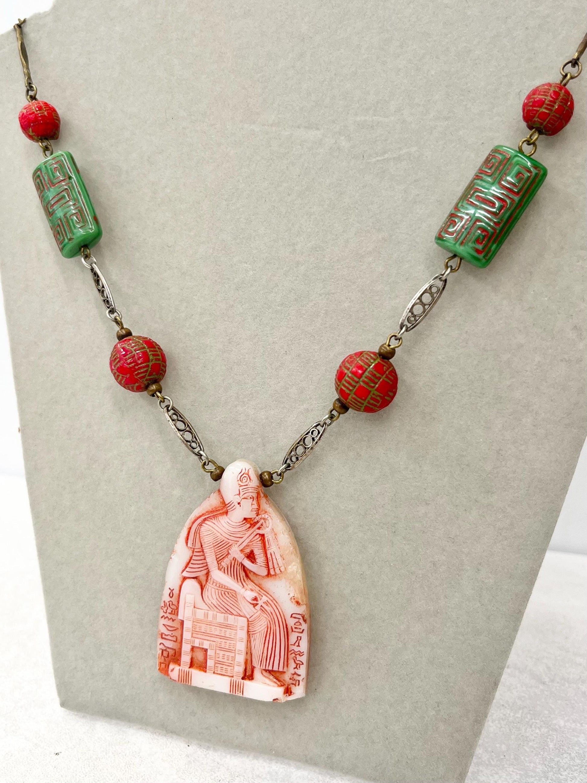 Vintage Art Deco Max Neiger Egyptian Revival Glass Pendant Drop Necklace 20” Long MillyOliverVintage
