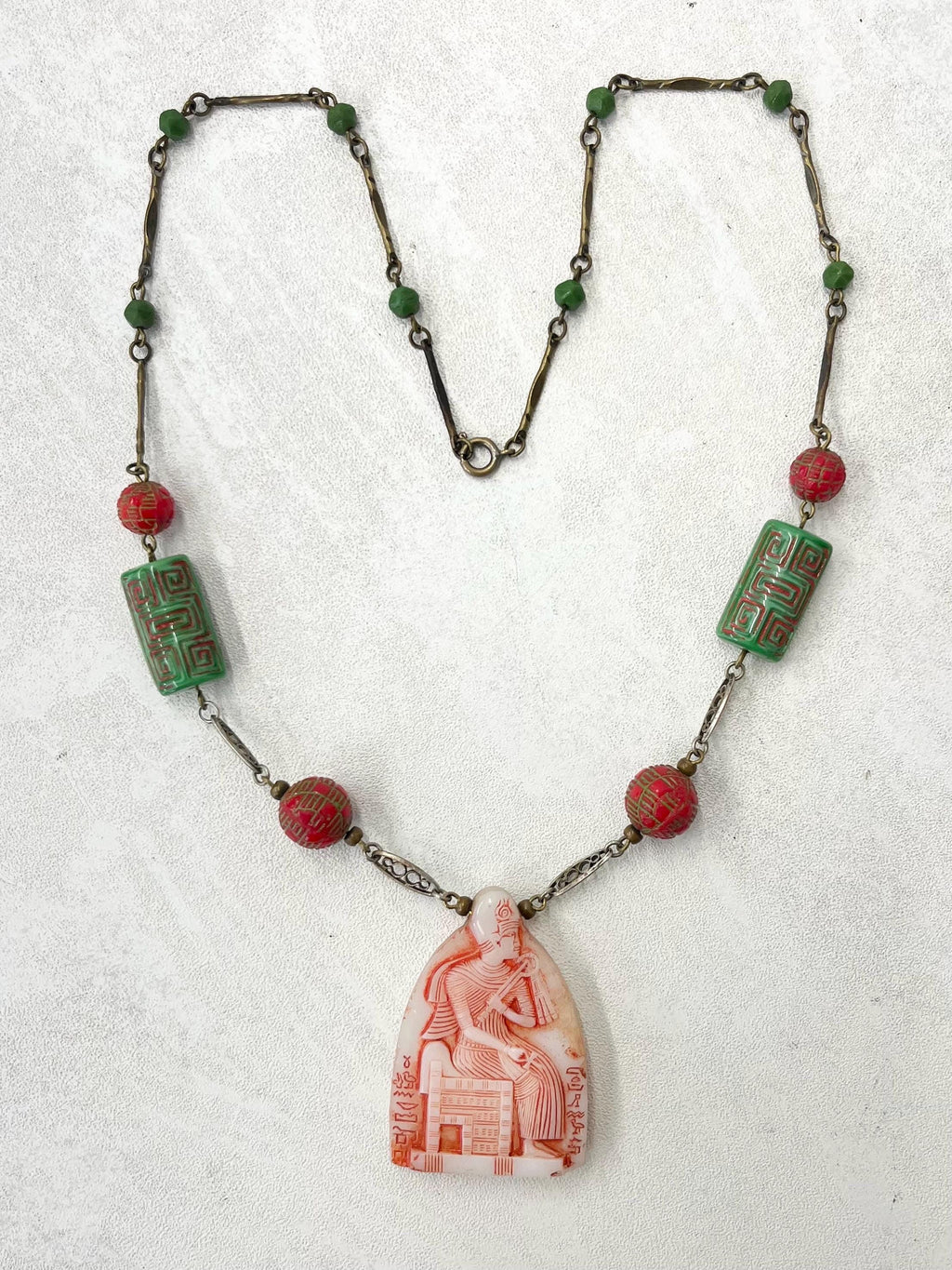 Vintage Art Deco Max Neiger Egyptian Revival Glass Pendant Drop Necklace 20” Long MillyOliverVintage