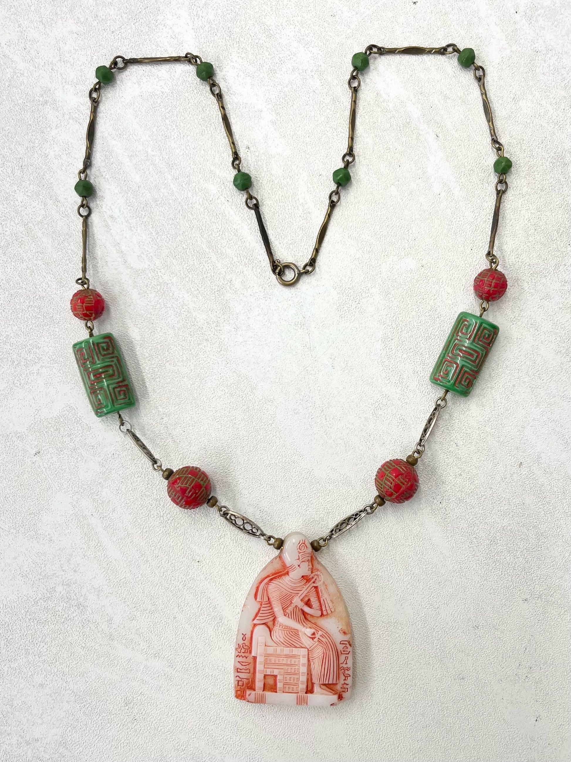 Vintage Art Deco Max Neiger Egyptian Revival Glass Pendant Drop Necklace 20” Long MillyOliverVintage