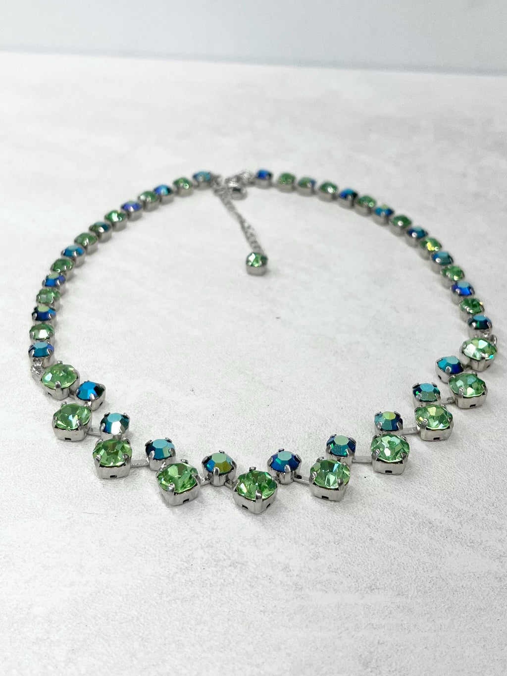 Swarovski Crystal Chaton Green Uranium & Emerald Crystal Necklace Silver Plate UV Reactive Glow MillyOliverVintage