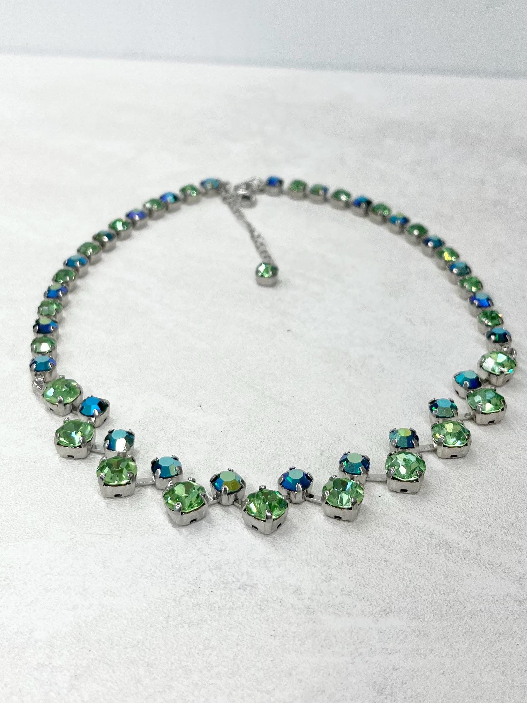 Swarovski Crystal Chaton Green Uranium & Emerald Crystal Necklace Silver Plate UV Reactive Glow MillyOliverVintage