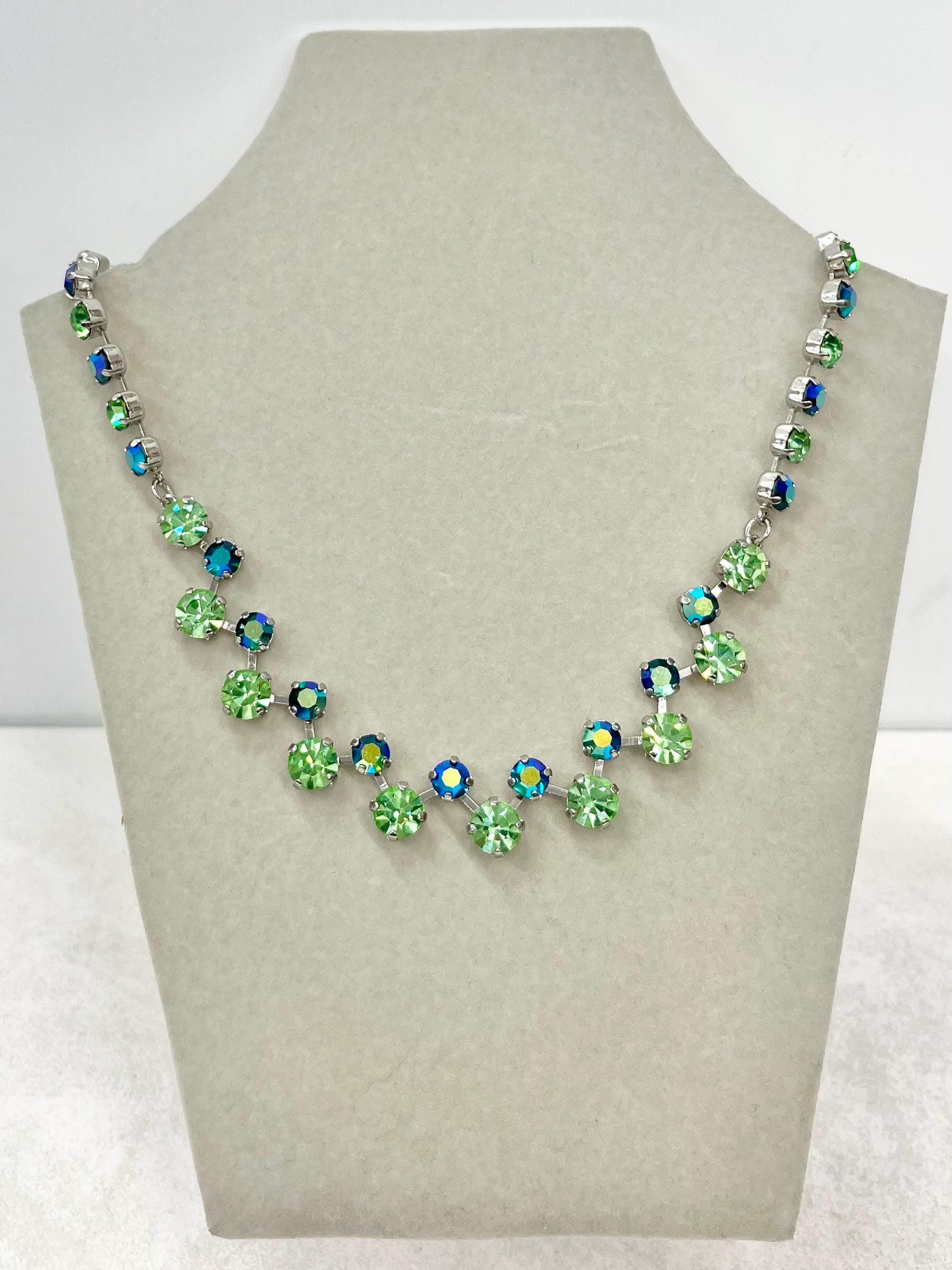 Swarovski Crystal Chaton Green Uranium & Emerald Crystal Necklace Silver Plate UV Reactive Glow MillyOliverVintage