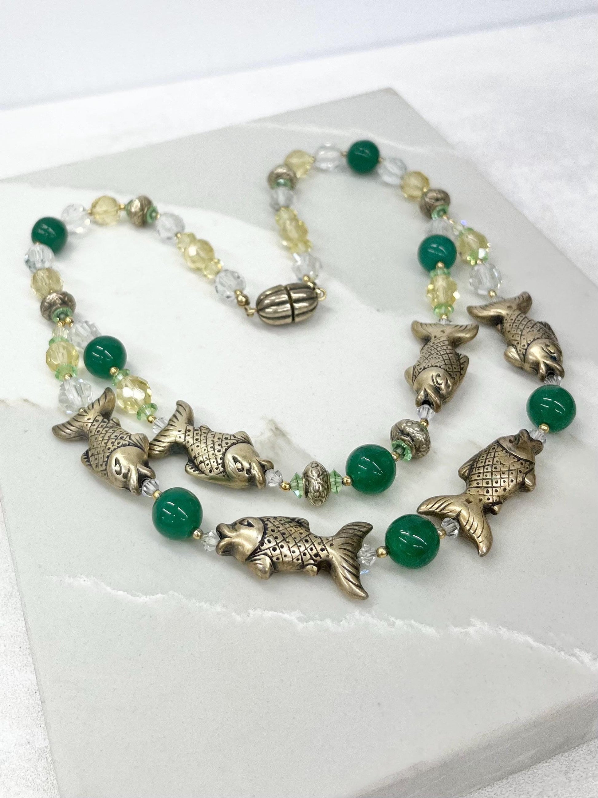 Vintage Glass and Crystal Two Strand Fish Necklace with Uranium Green Accents UV Reactive Glowing Jewellery 17” Long MillyOliverVintage