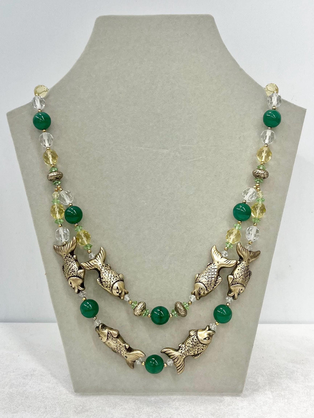 Vintage Glass and Crystal Two Strand Fish Necklace with Uranium Green Accents UV Reactive Glowing Jewellery 17” Long MillyOliverVintage