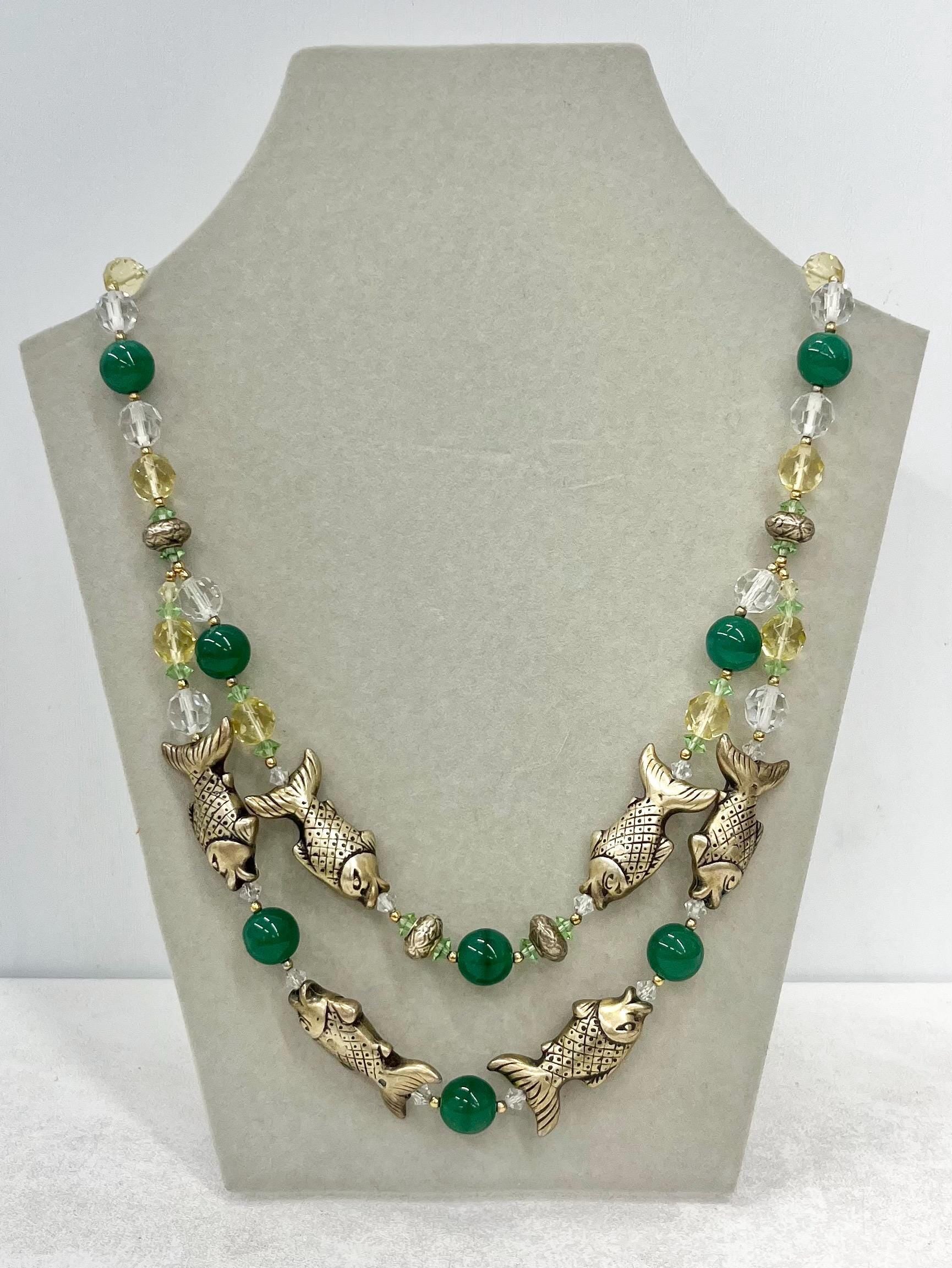 Vintage Glass and Crystal Two Strand Fish Necklace with Uranium Green Accents UV Reactive Glowing Jewellery 17” Long MillyOliverVintage