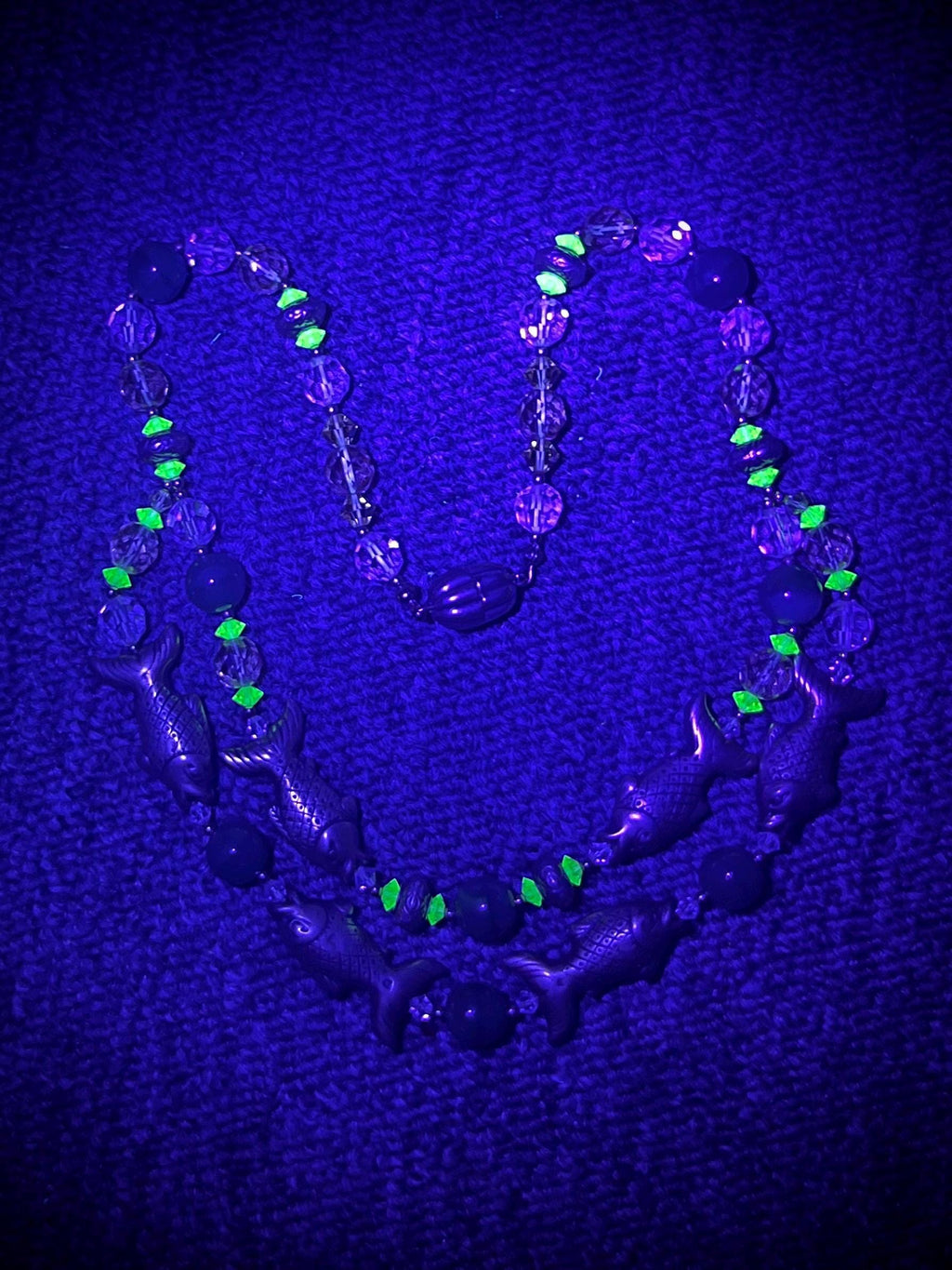 Vintage Glass and Crystal Two Strand Fish Necklace with Uranium Green Accents UV Reactive Glowing Jewellery 17” Long MillyOliverVintage