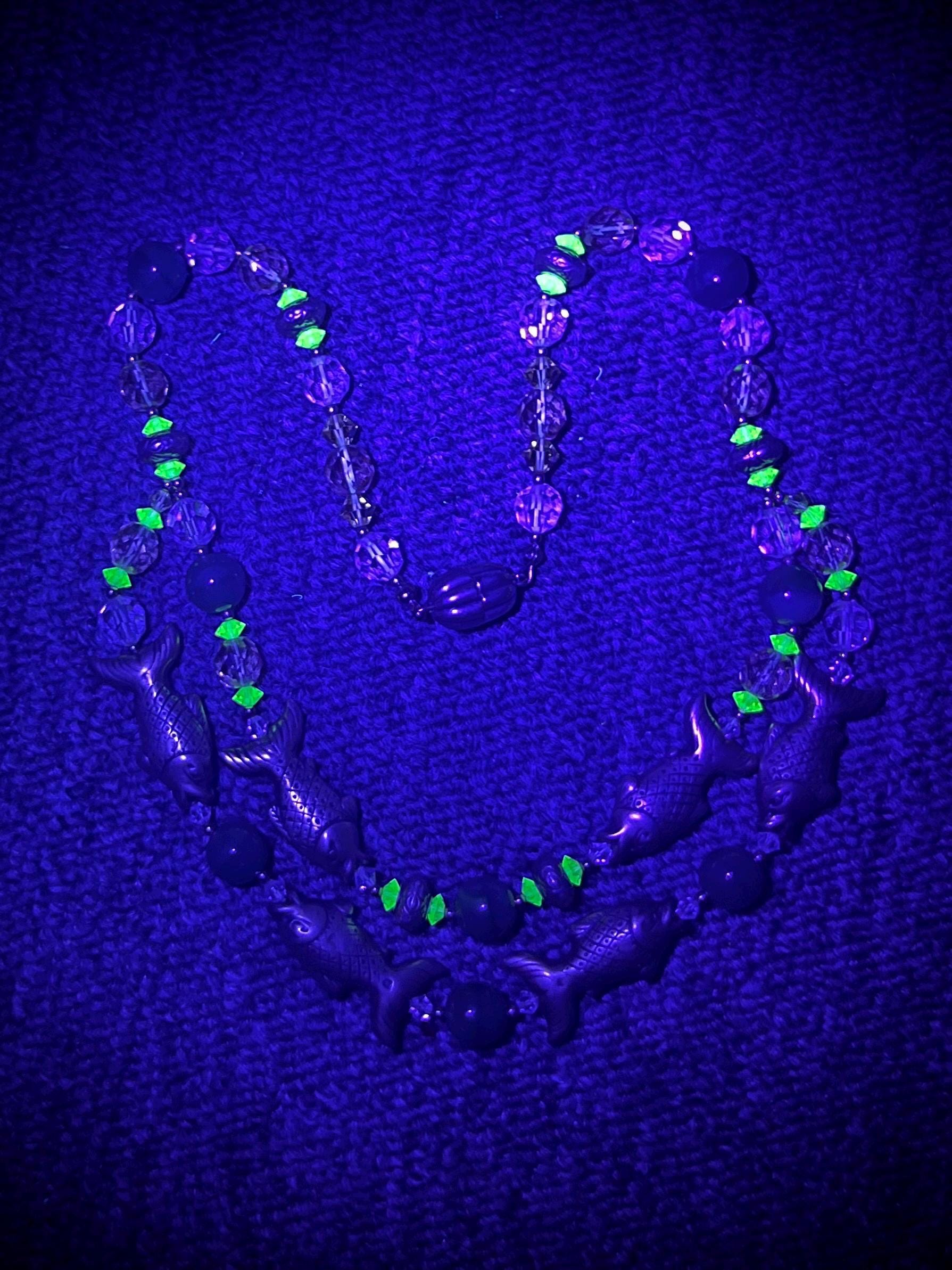 Vintage Glass and Crystal Two Strand Fish Necklace with Uranium Green Accents UV Reactive Glowing Jewellery 17” Long MillyOliverVintage