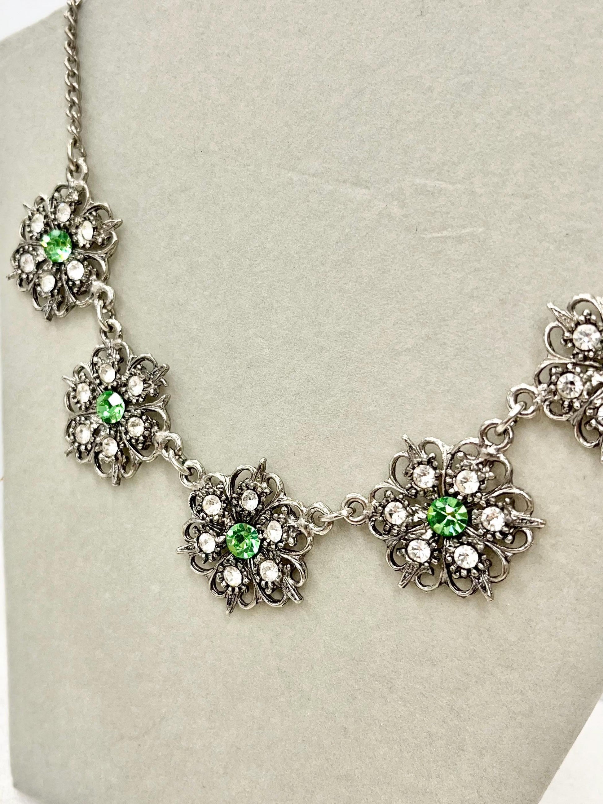 Vintage Crystal Flower Necklace with Uranium Green Accents UV Reactive Glowing Jewellery 18” Long MillyOliverVintage