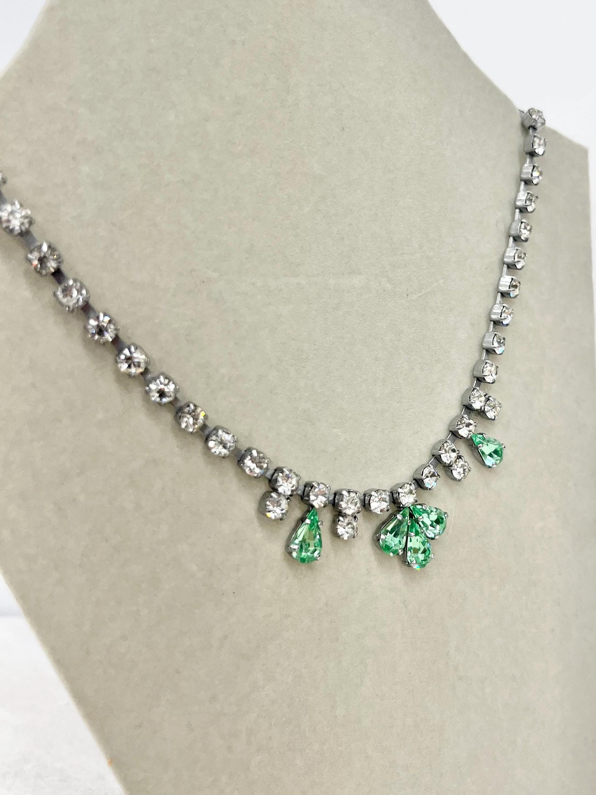 Vintage Diamante Crystal Necklace: Peridot Green Droplet, 1960s Silver Tone MillyOliverVintage