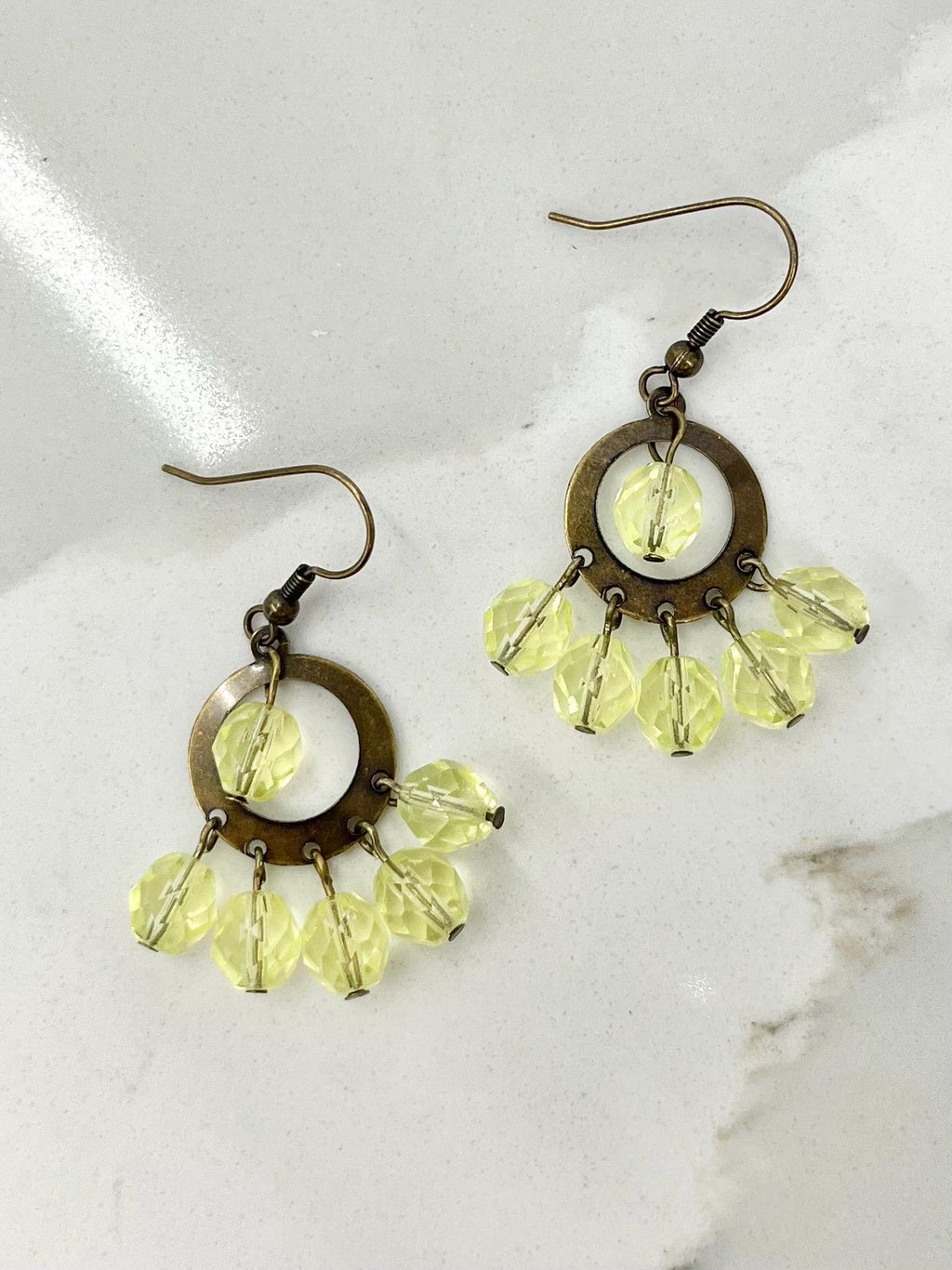 Yellow Uranium Glass Bead Cluster Hoop Drop Earrings UV Reactive Glow with Czech Firepolished Crystal Beads MillyOliverVintage