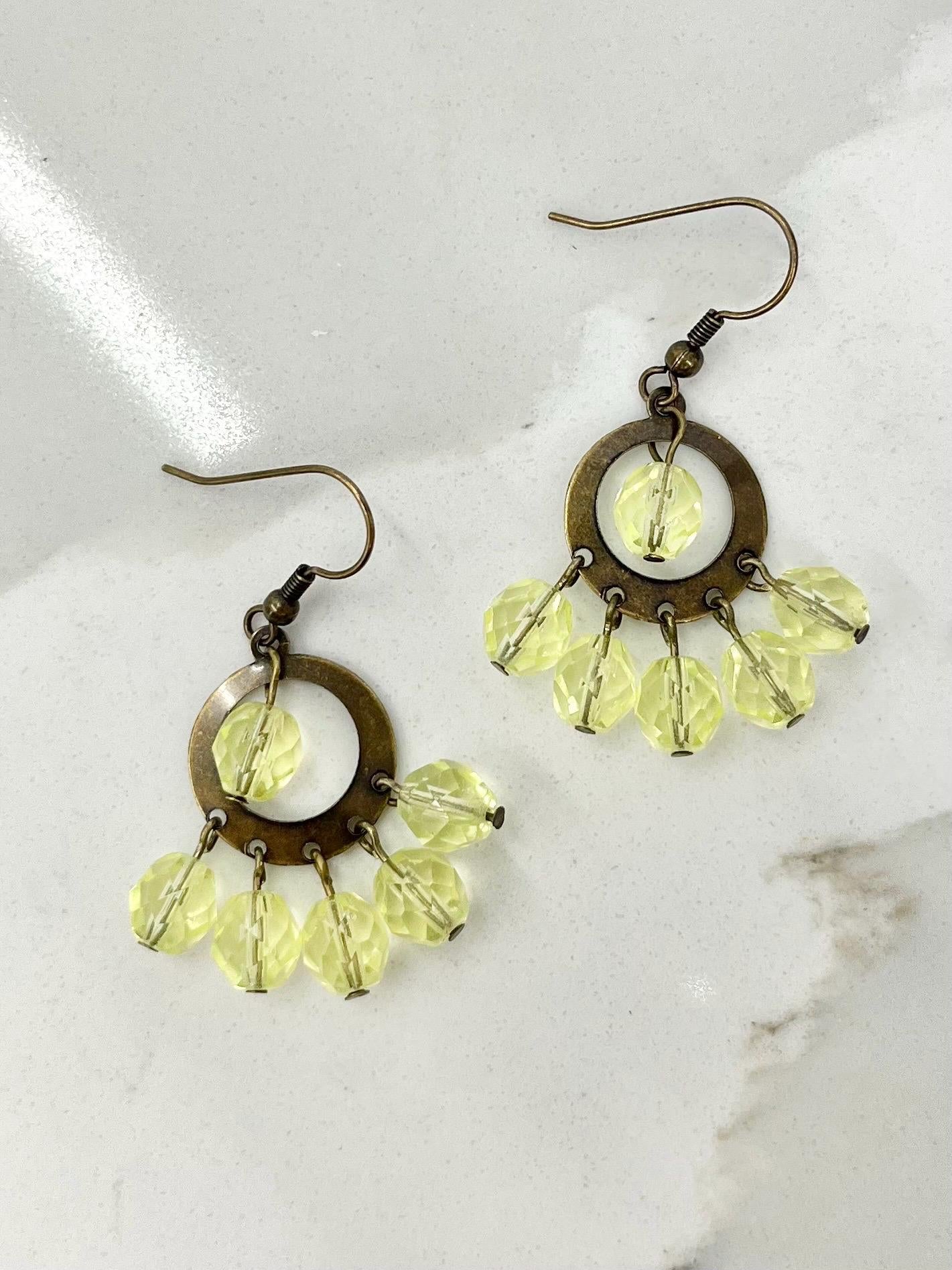 Yellow Uranium Glass Bead Cluster Hoop Drop Earrings UV Reactive Glow with Czech Firepolished Crystal Beads MillyOliverVintage