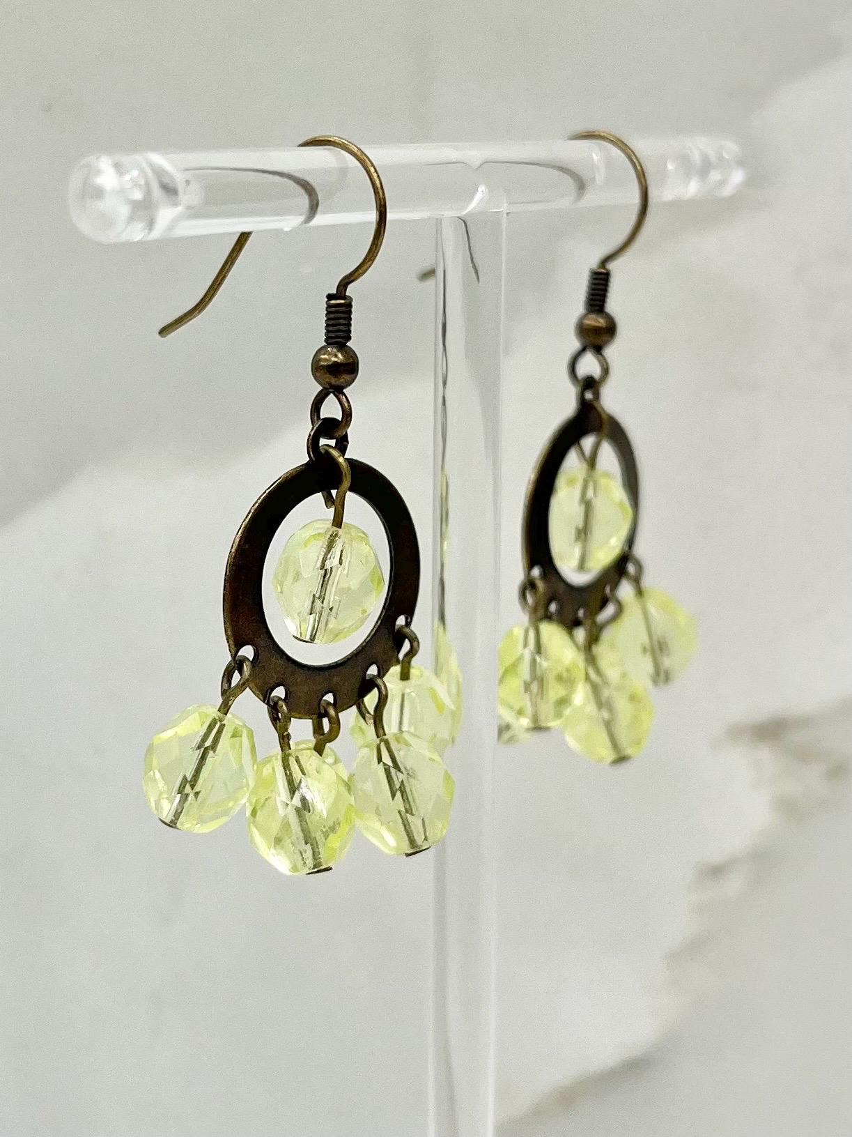 Yellow Uranium Glass Bead Cluster Hoop Drop Earrings UV Reactive Glow with Czech Firepolished Crystal Beads MillyOliverVintage