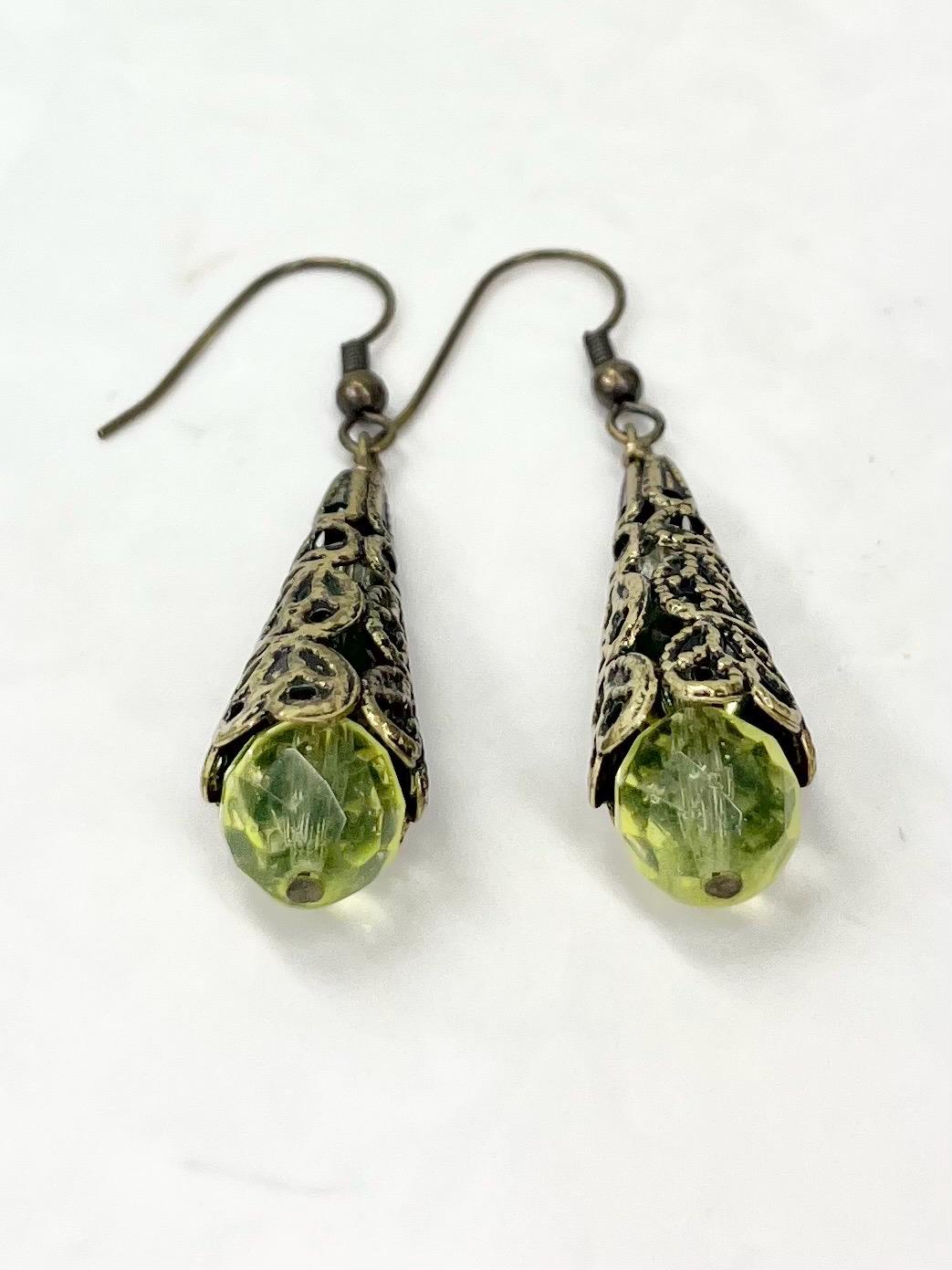 Yellow Uranium Glass Bead Filigree Drop Earrings UV Reactive Glow with Czech Firepolished Crystal Beads MillyOliverVintage