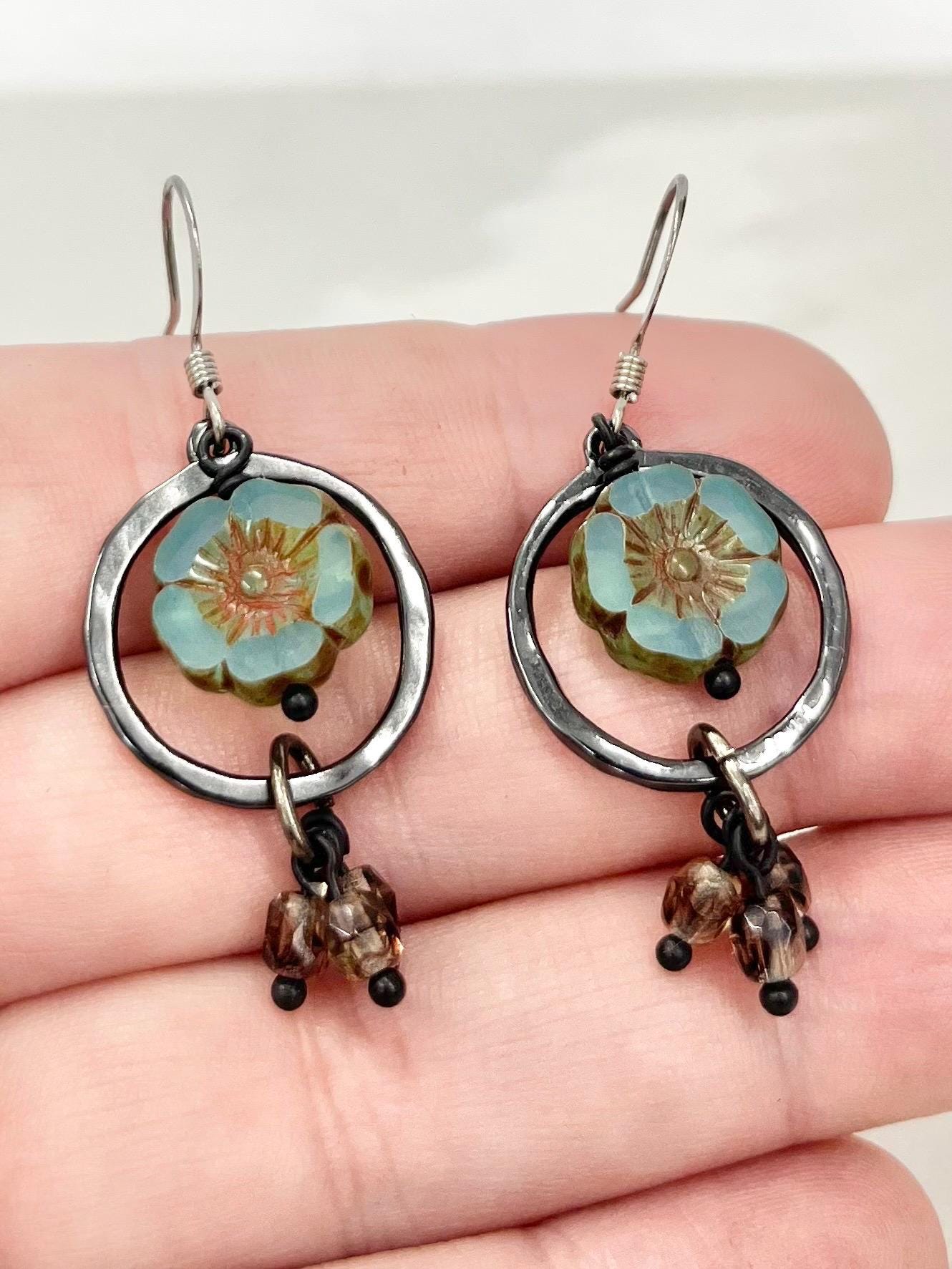 Teal Flower Uranium Glass Bead Hoop Drop Earrings UV Reactive Glow with Czech Firepolished Crystal Beads MillyOliverVintage