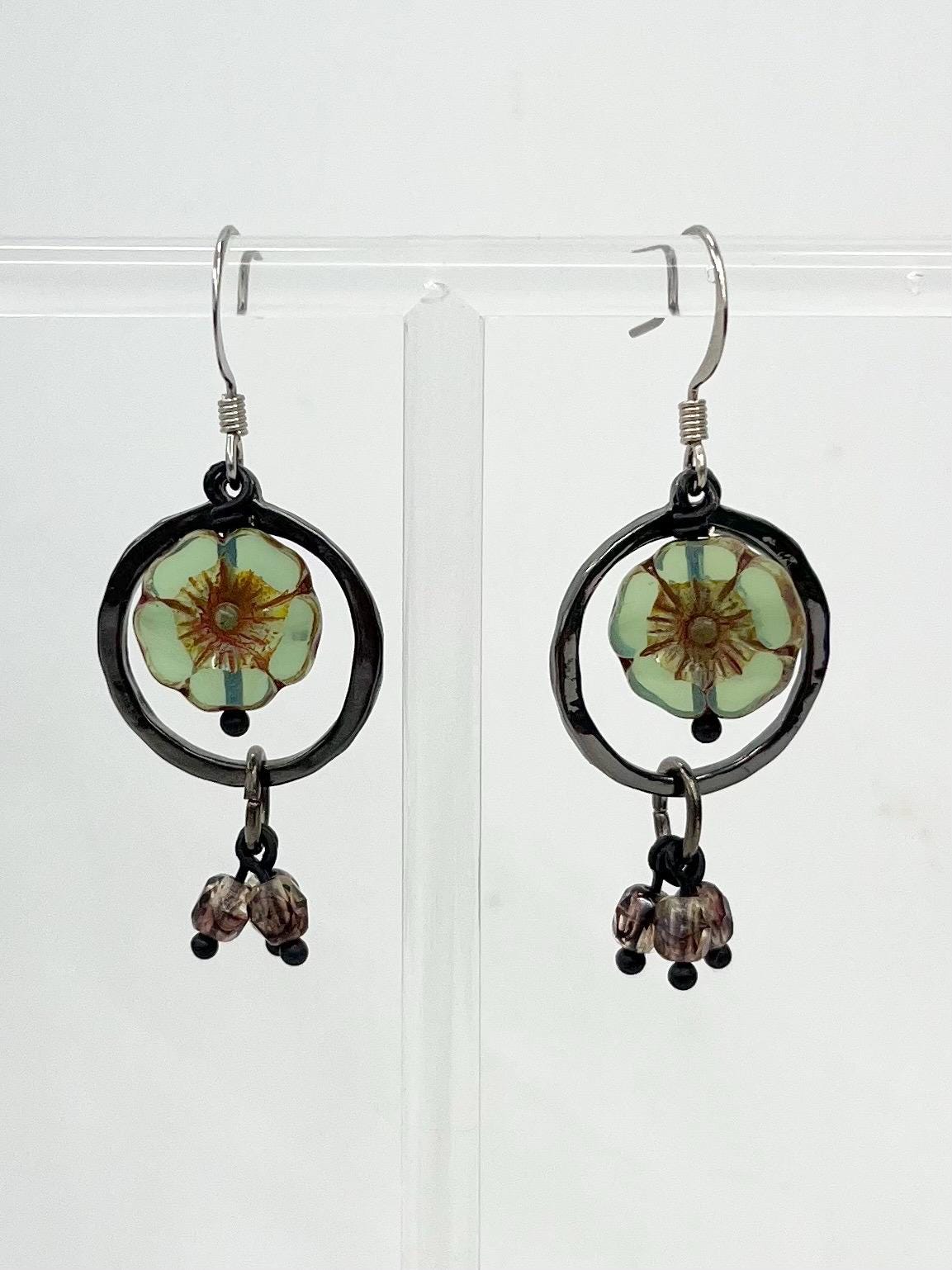 Teal Flower Uranium Glass Bead Hoop Drop Earrings UV Reactive Glow with Czech Firepolished Crystal Beads MillyOliverVintage