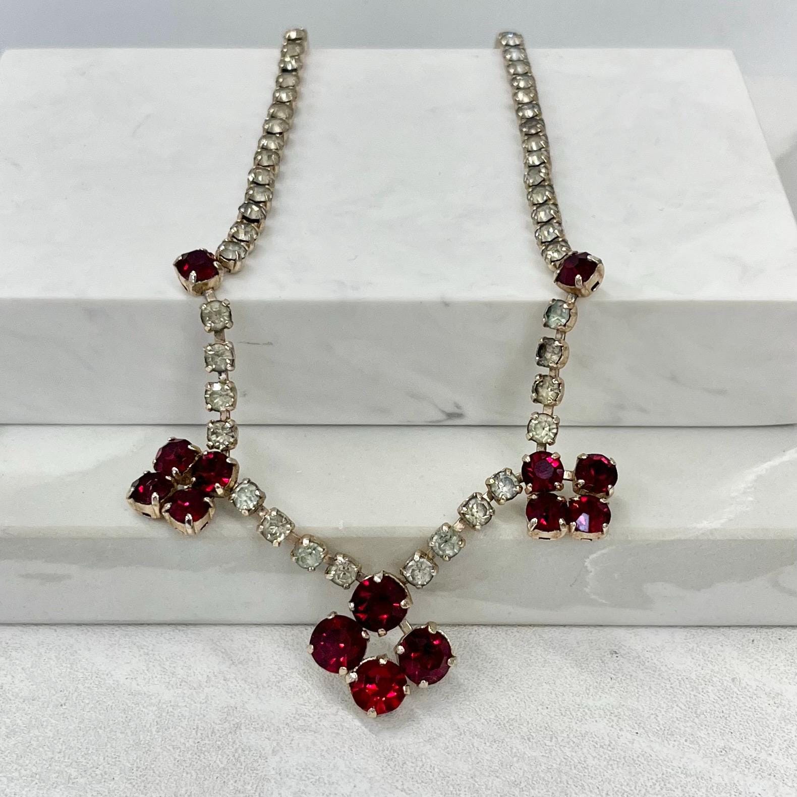 Vintage Silver Tone Clear and Ruby Red Crystal Paste Drop Necklace: 1960s Diamante Sparkle MillyOliverVintage
