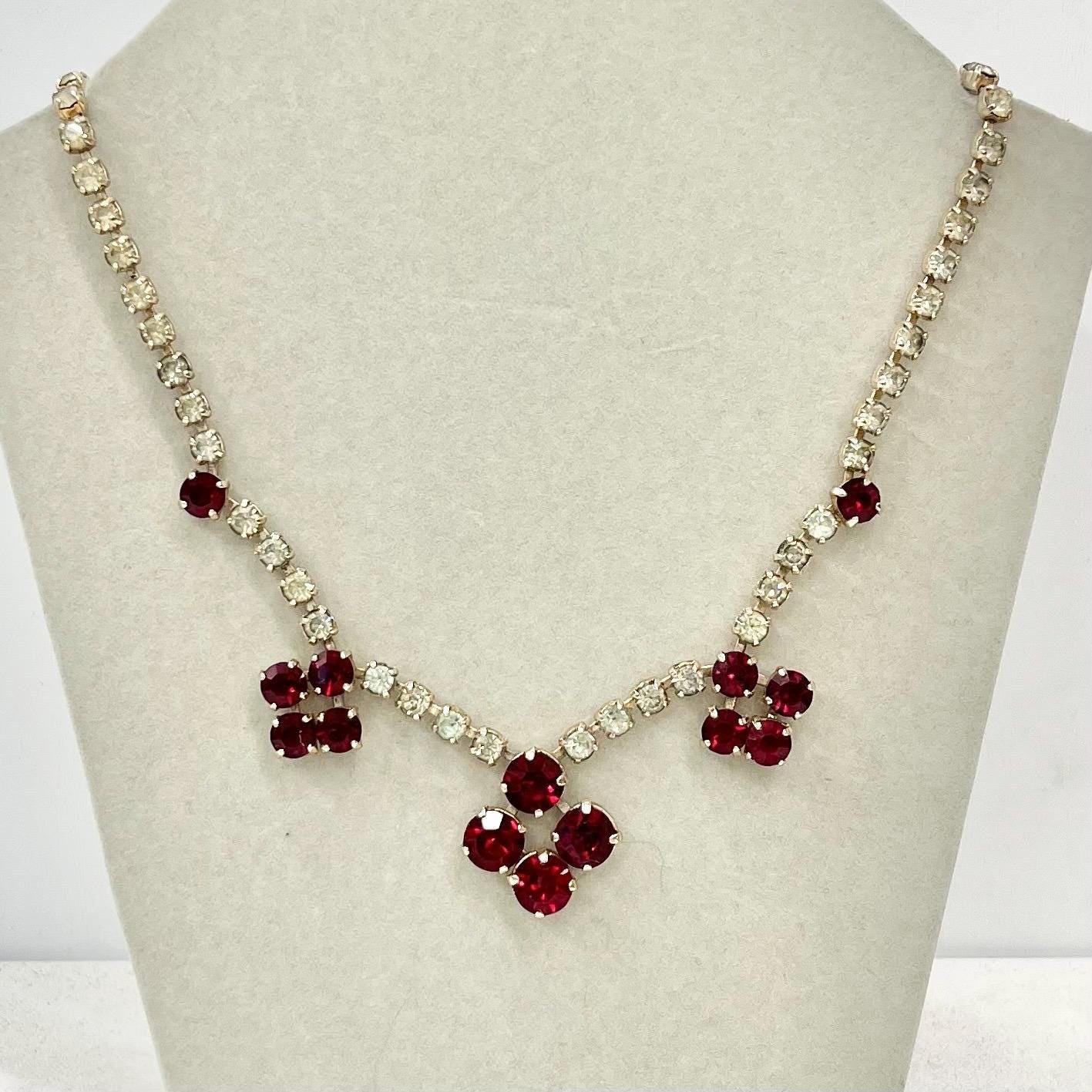 Vintage Silver Tone Clear and Ruby Red Crystal Paste Drop Necklace: 1960s Diamante Sparkle MillyOliverVintage