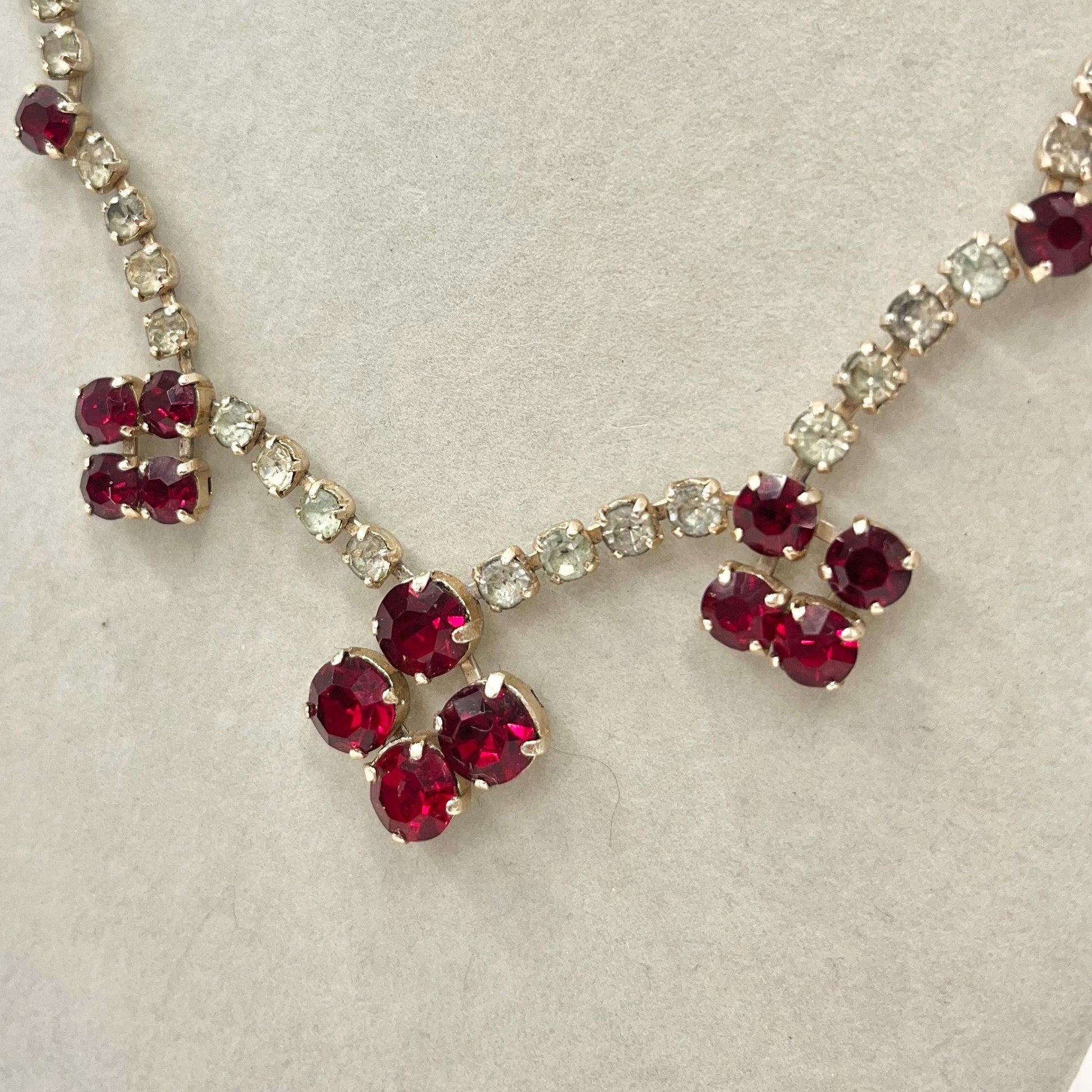 Vintage Silver Tone Clear and Ruby Red Crystal Paste Drop Necklace: 1960s Diamante Sparkle MillyOliverVintage