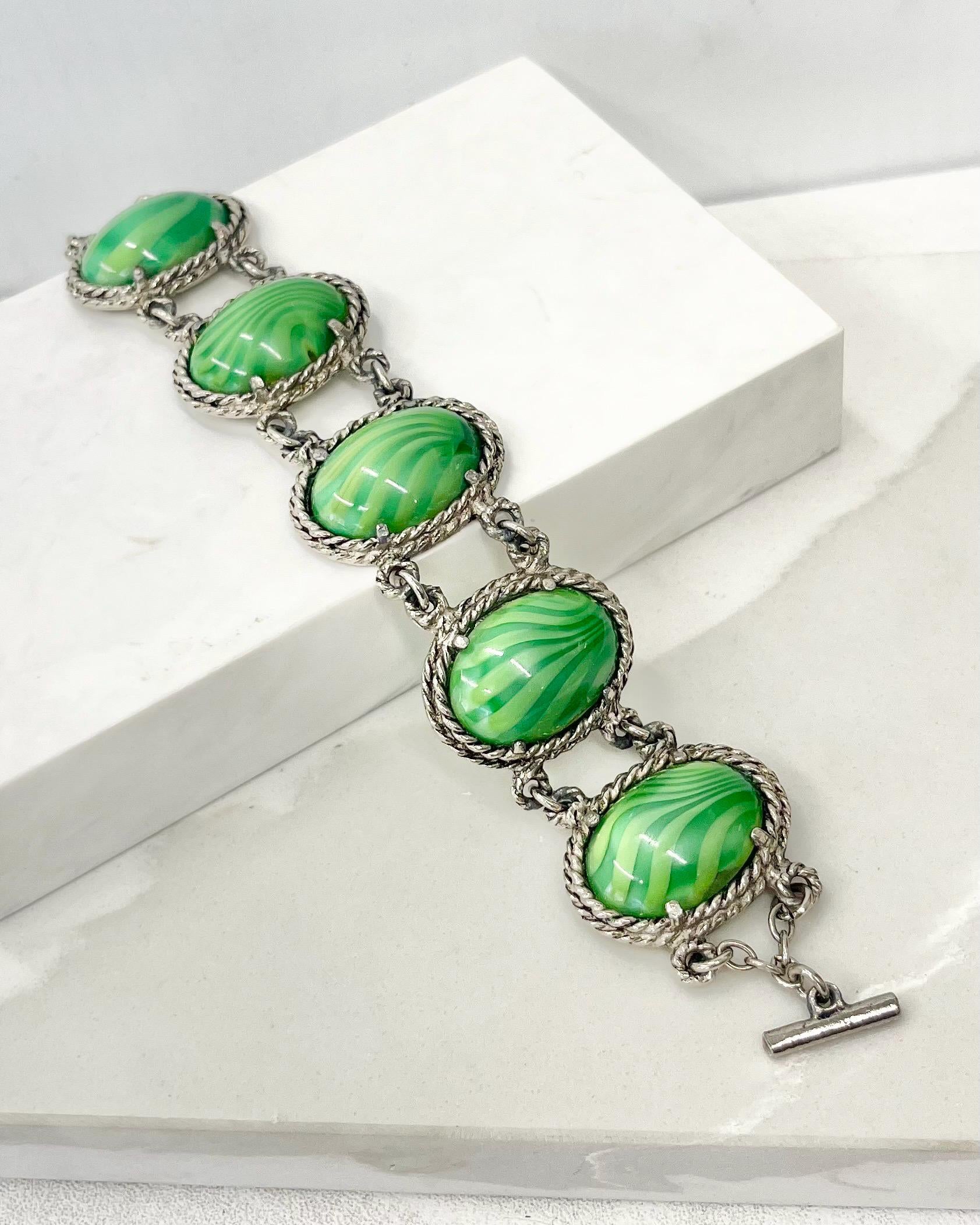 Vintage Wide Green Striped Satin Glass Cabochon Silver Tone Bracelet Excellent Quality 8” MillyOliverVintage
