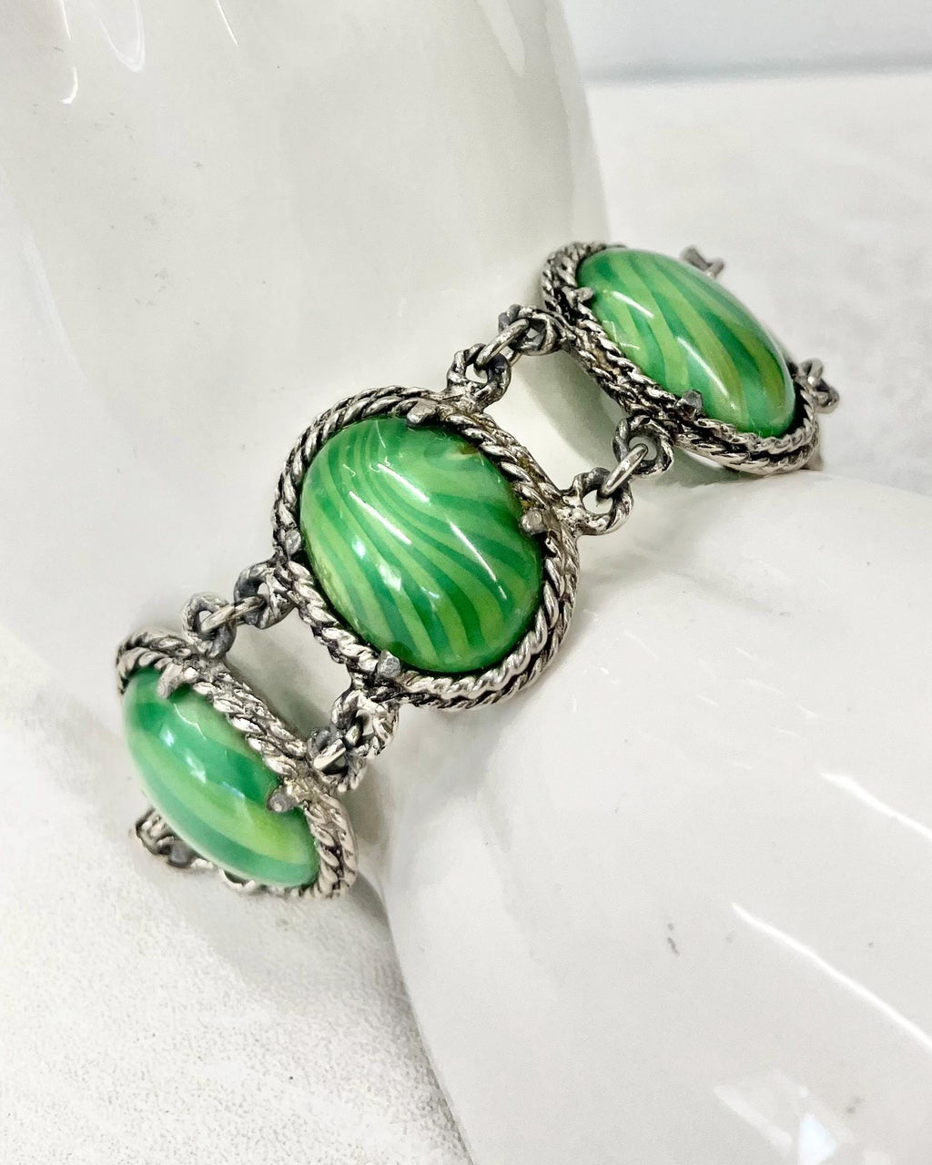 Vintage Wide Green Striped Satin Glass Cabochon Silver Tone Bracelet Excellent Quality 8” MillyOliverVintage