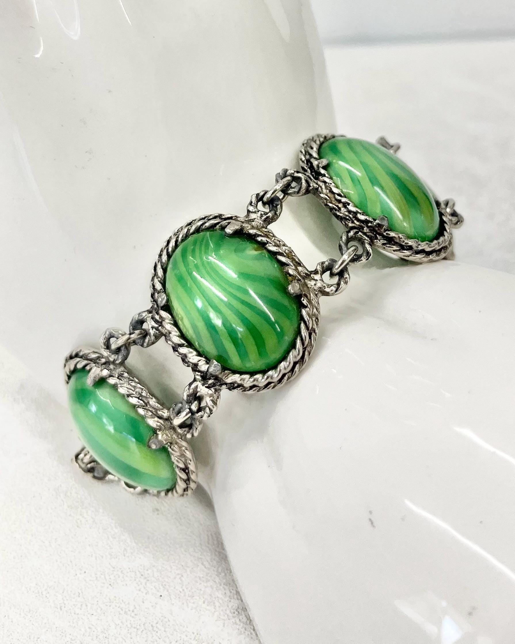 Vintage Wide Green Striped Satin Glass Cabochon Silver Tone Bracelet Excellent Quality 8” MillyOliverVintage