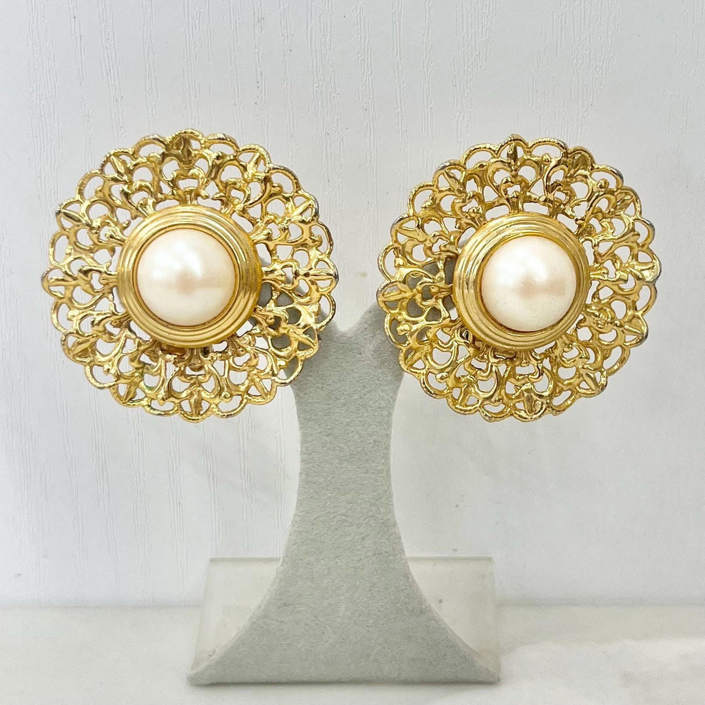 Vintage Gold Tone Large Filigree & Faux Pearl Clip On Earrings 1970’s - 1980’s MillyOliverVintage