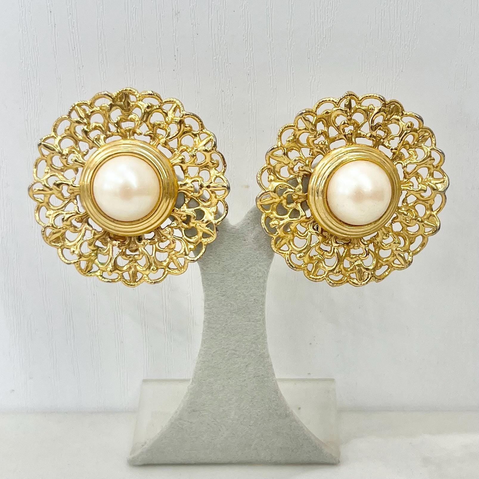 Vintage Gold Tone Large Filigree & Faux Pearl Clip On Earrings 1970’s - 1980’s MillyOliverVintage