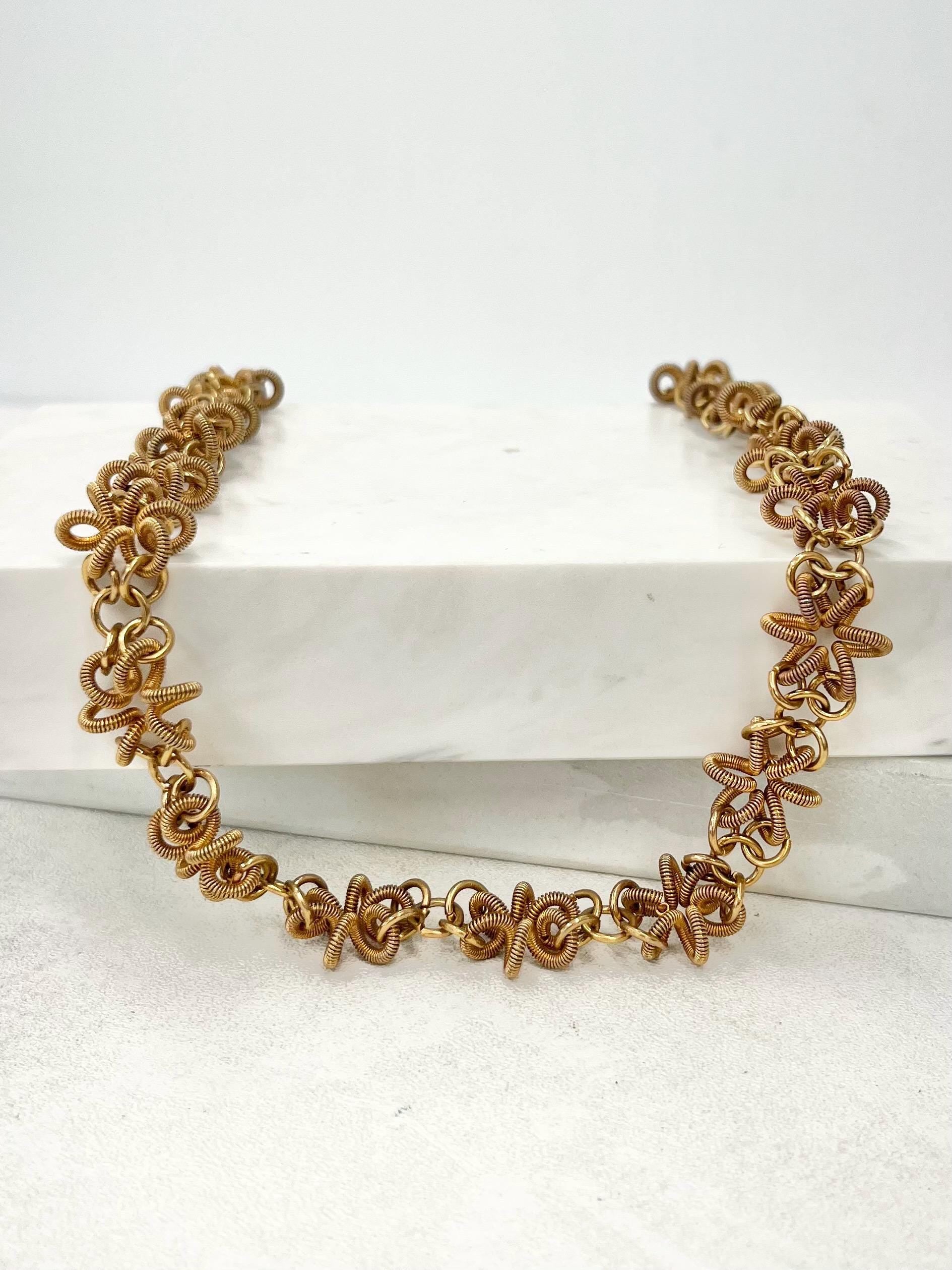 Handmade 16.5” Unusual Gold Tone Coiled Flower Link Chain Necklace MillyOliverVintage