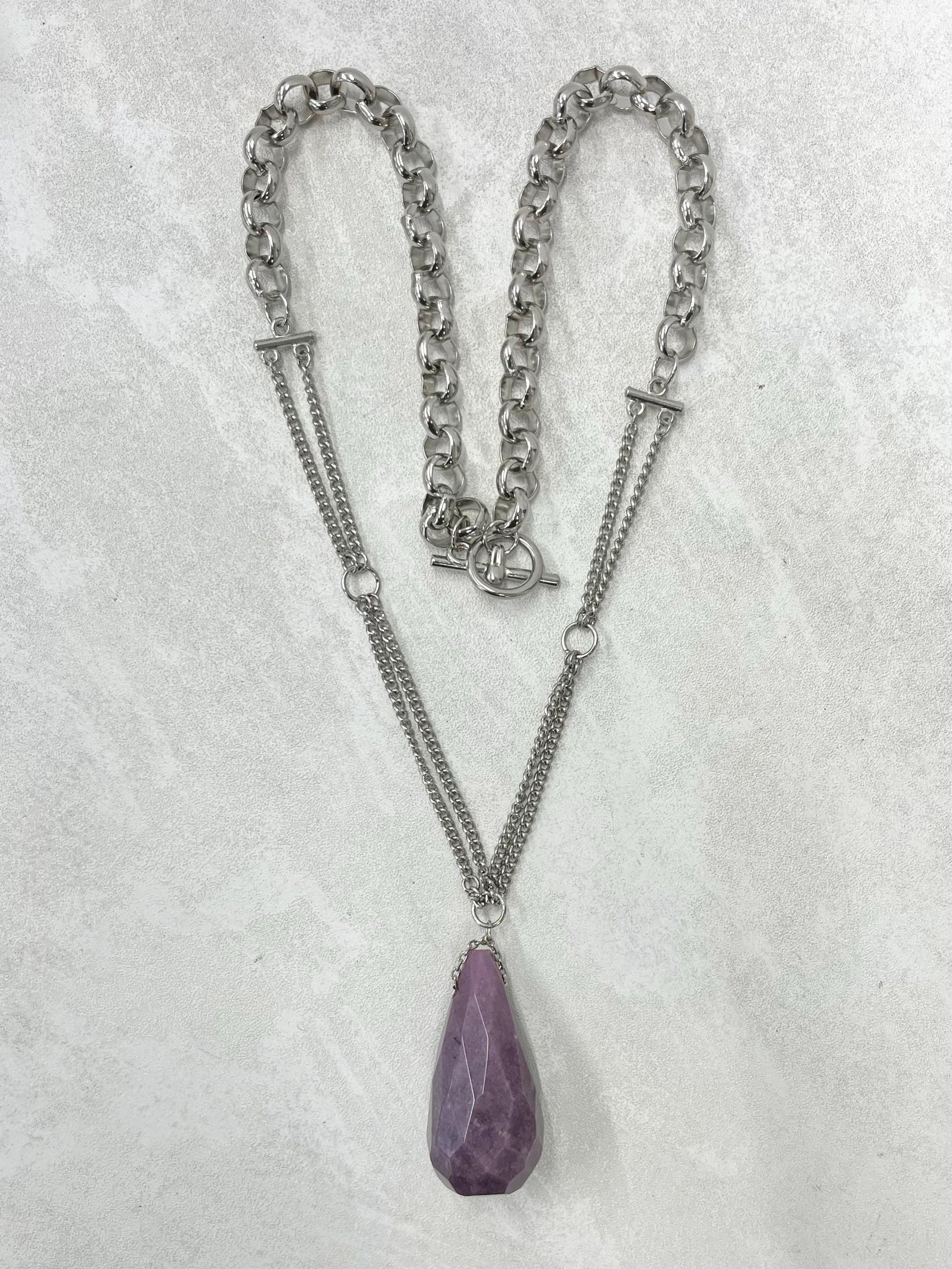 Huge Purple Semi Precious Pendant Silver Tone Necklace - by Milly Oliver MillyOliverVintage