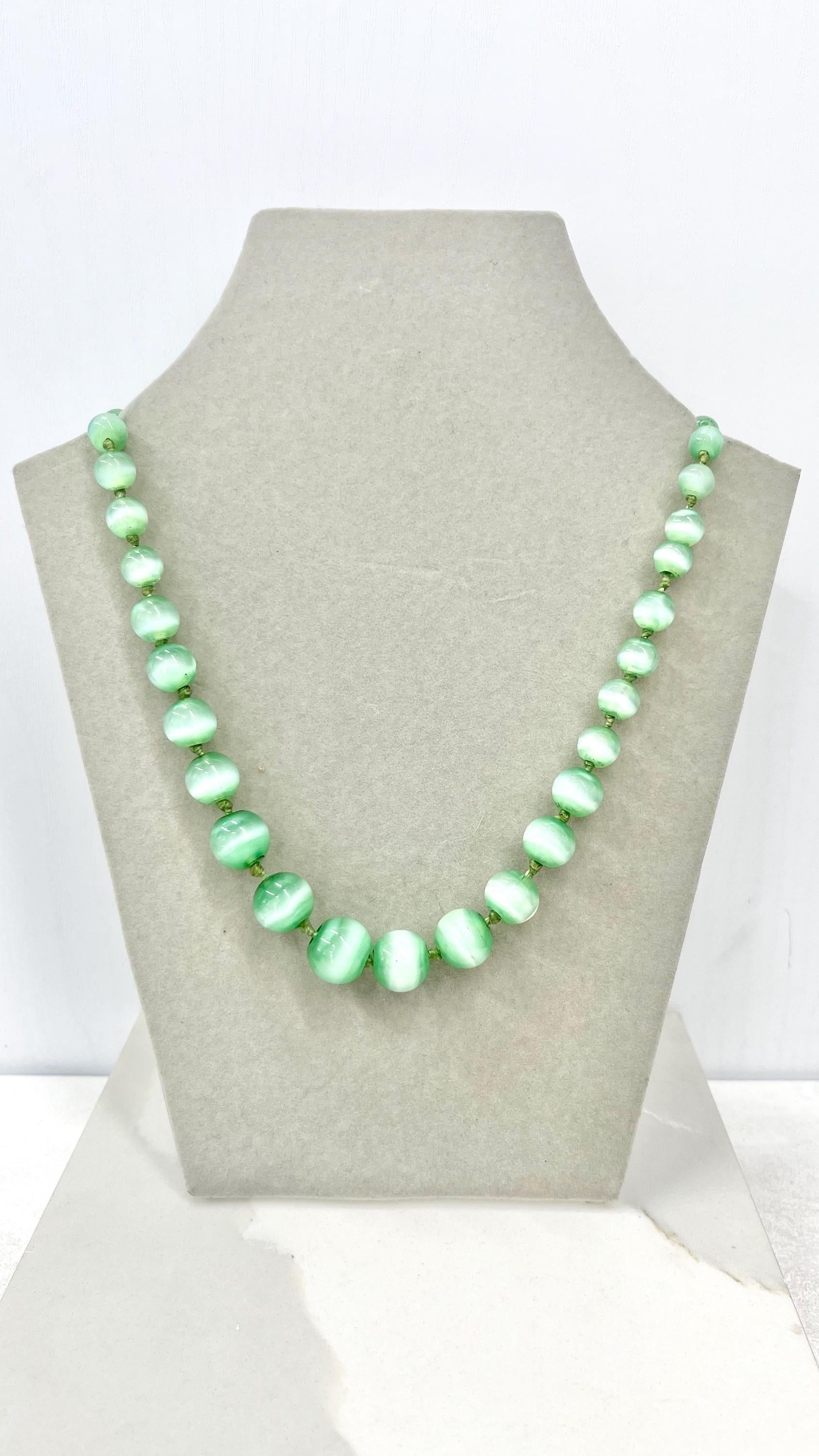 Vintage Art Deco Green Glass Uranium Graduated Bead Necklace Hand Knotted Bright Green UV Reactive Glow 20” Long MillyOliverVintage