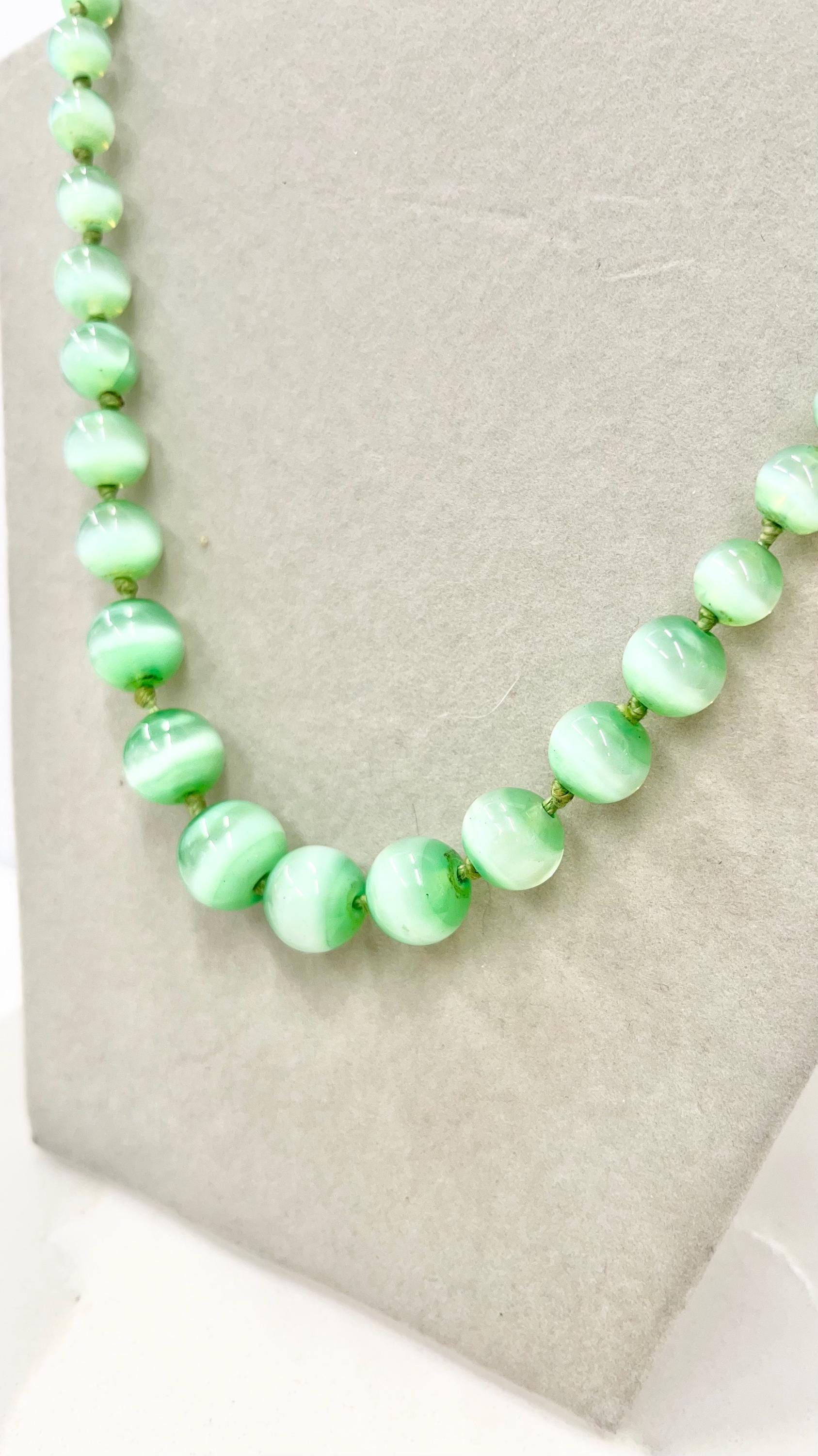 Vintage Art Deco Green Glass Uranium Graduated Bead Necklace Hand Knotted Bright Green UV Reactive Glow 20” Long MillyOliverVintage
