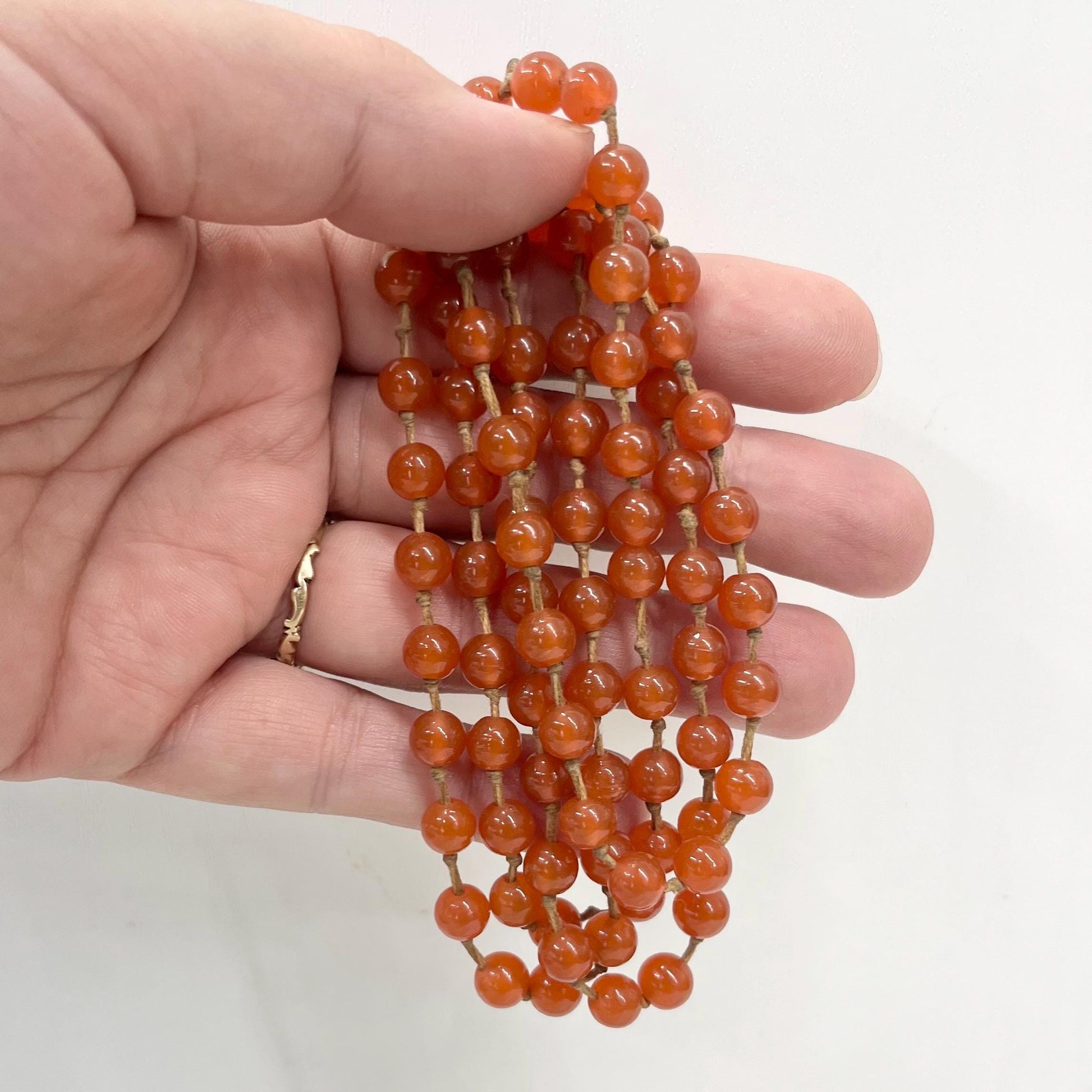 Long Vintage Carnelian Glass Uranium Bead Necklace Hand Strung Orange Beads Bright Green / Yellow UV Reactive Glow 35” Long MillyOliverVintage