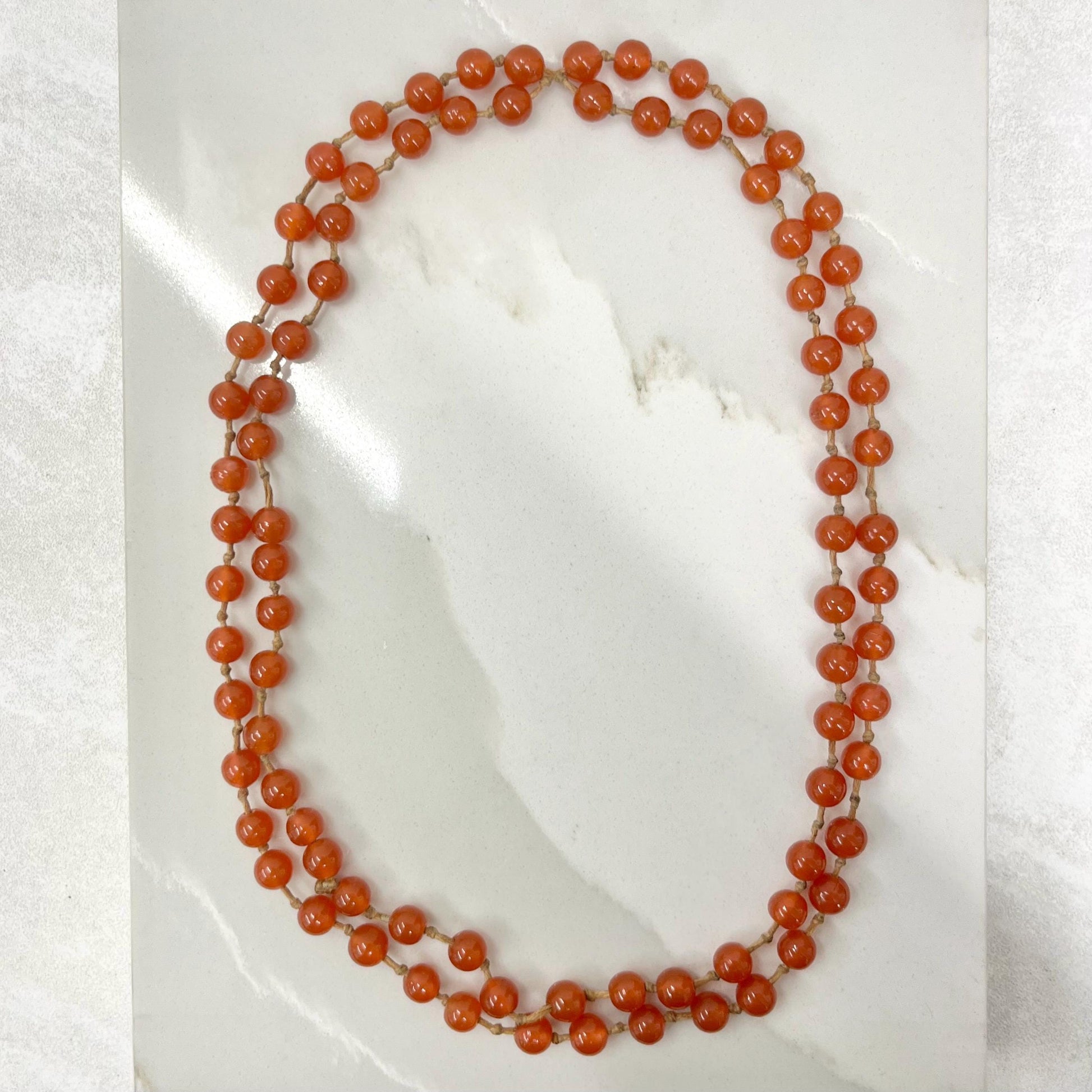 Long Vintage Carnelian Glass Uranium Bead Necklace Hand Strung Orange Beads Bright Green / Yellow UV Reactive Glow 35” Long MillyOliverVintage