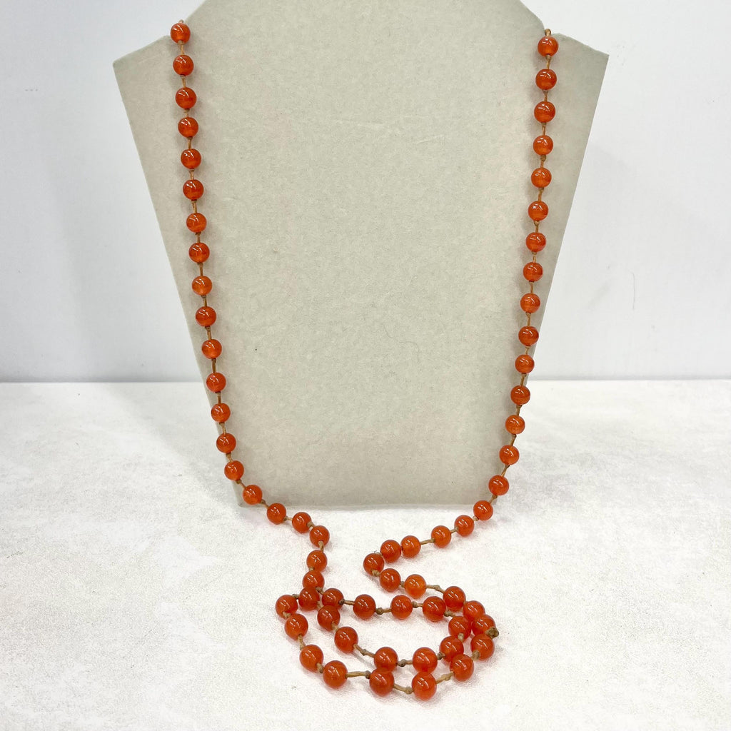 Long Vintage Carnelian Glass Uranium Bead Necklace Hand Strung Orange Beads Bright Green / Yellow UV Reactive Glow 35” Long MillyOliverVintage