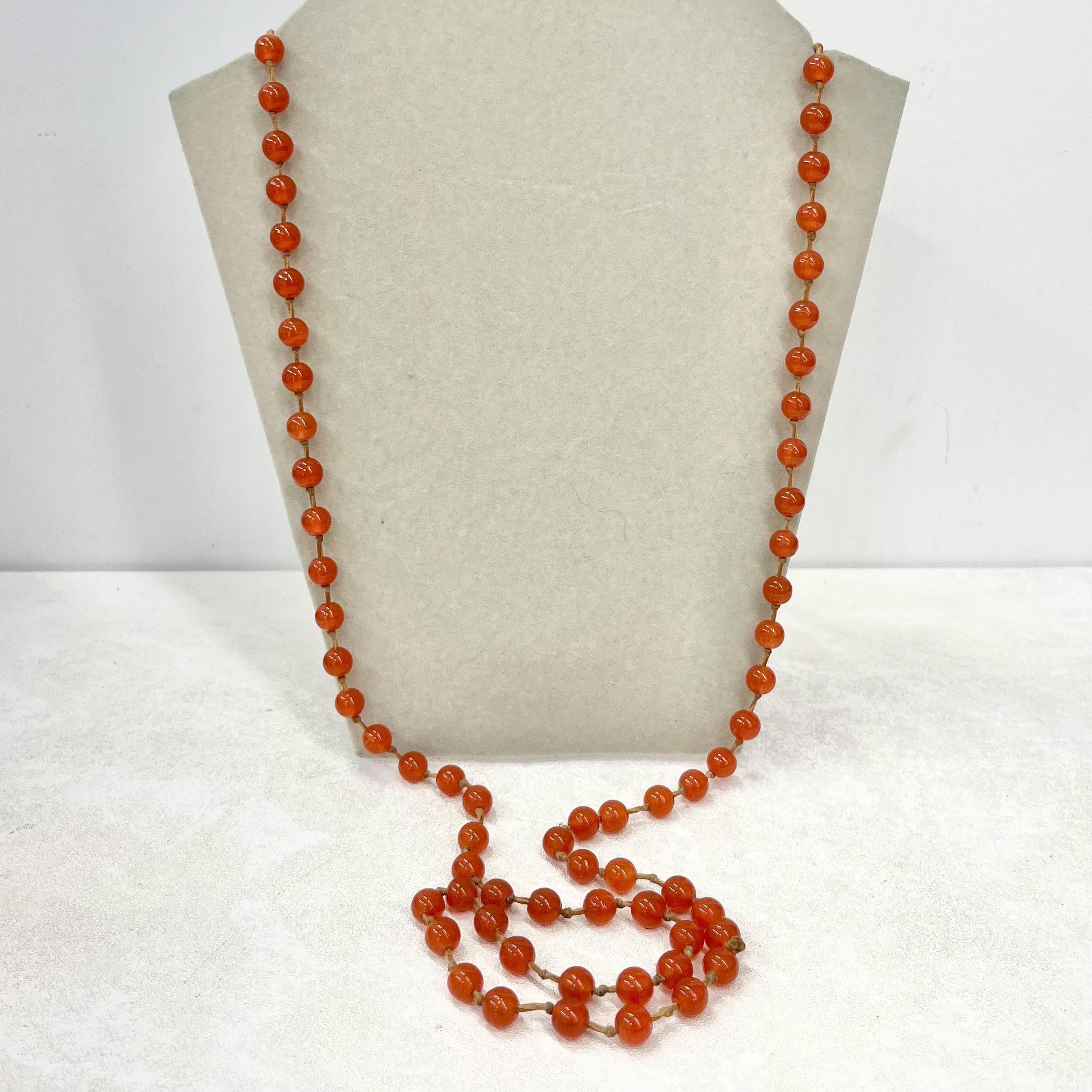 Long Vintage Carnelian Glass Uranium Bead Necklace Hand Strung Orange Beads Bright Green / Yellow UV Reactive Glow 35” Long MillyOliverVintage