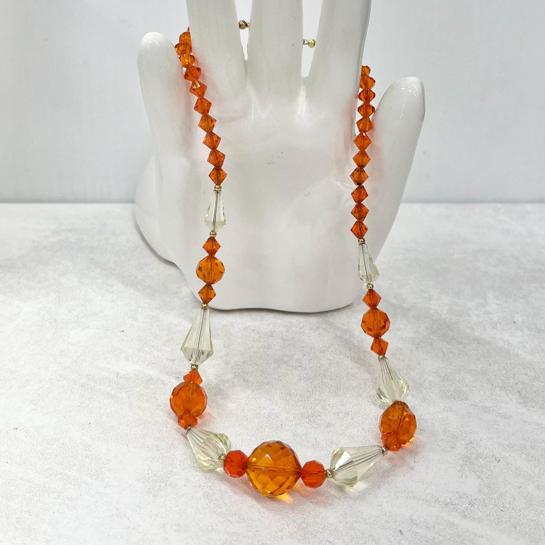 Vintage Orange & Yellow Glass Crystal Manganese Bead Necklace Green UV Reactive Glow 17” Long MillyOliverVintage