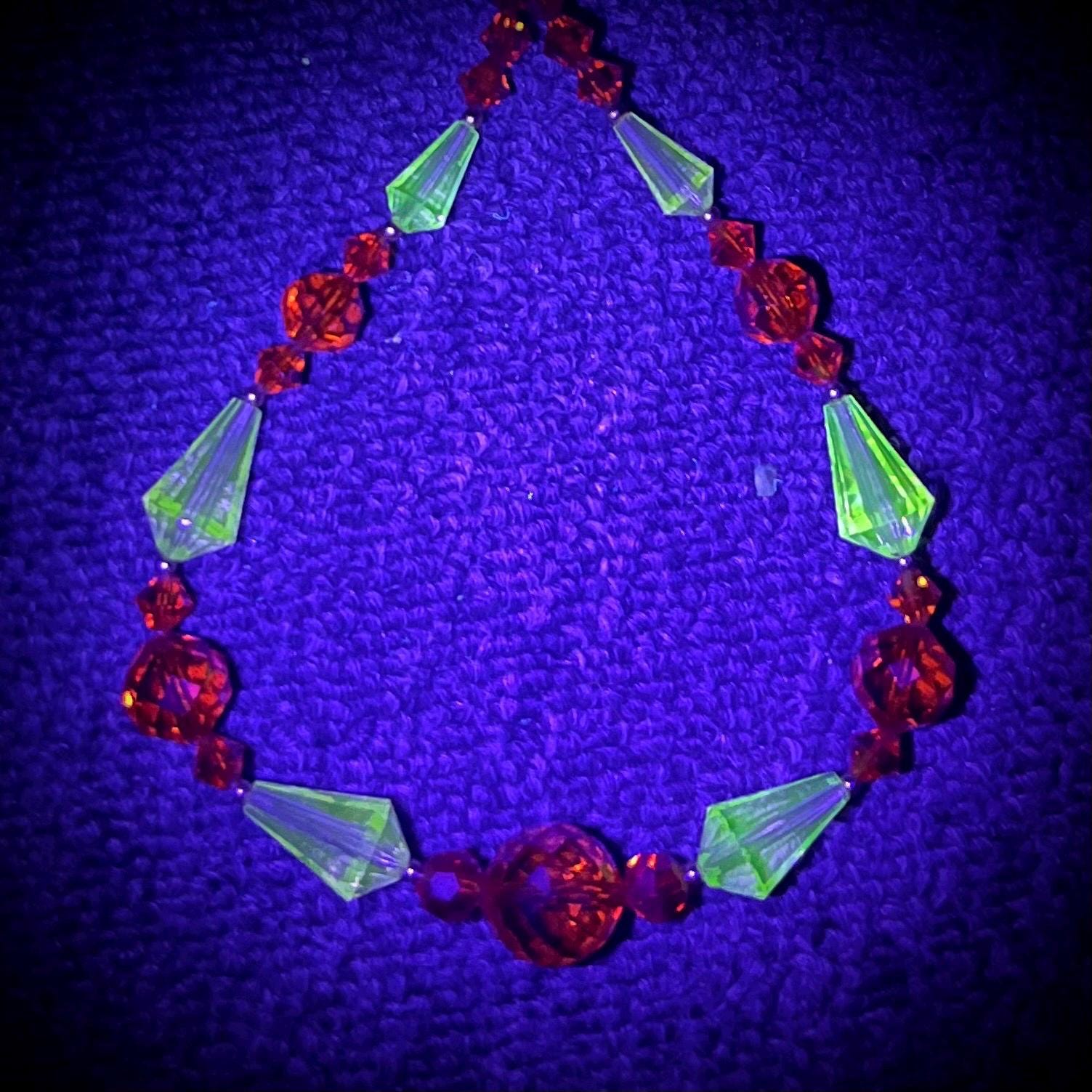 Vintage Orange & Yellow Glass Crystal Manganese Bead Necklace Green UV Reactive Glow 17” Long MillyOliverVintage