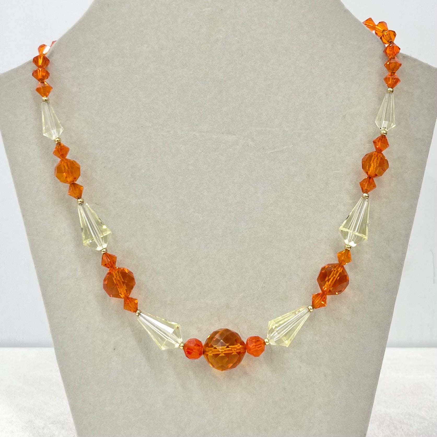 Vintage Orange & Yellow Glass Crystal Manganese Bead Necklace Green UV Reactive Glow 17” Long MillyOliverVintage