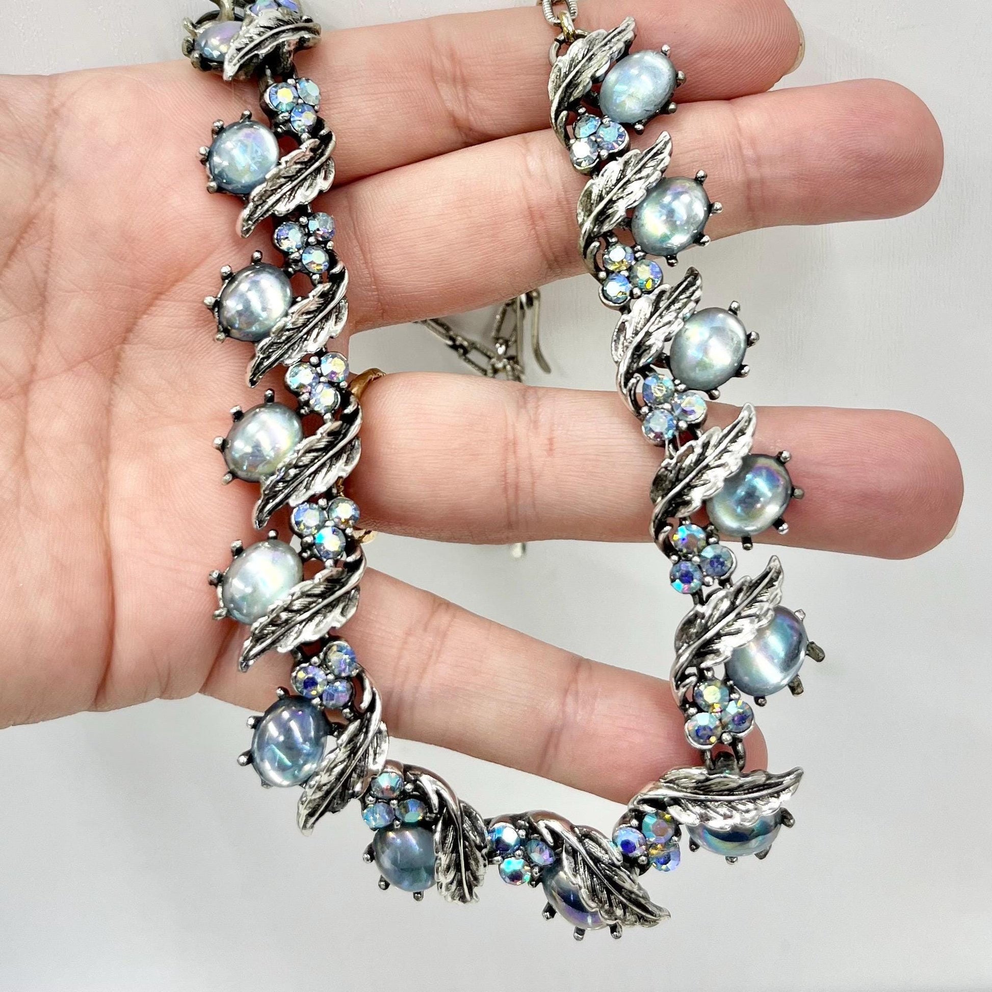 Vintage 1950’s - 1960’s Light Sapphire Blue Aurora Borealis Austrian Crystal Glasd Cabochon Leaf Bead MillyOliverVintage
