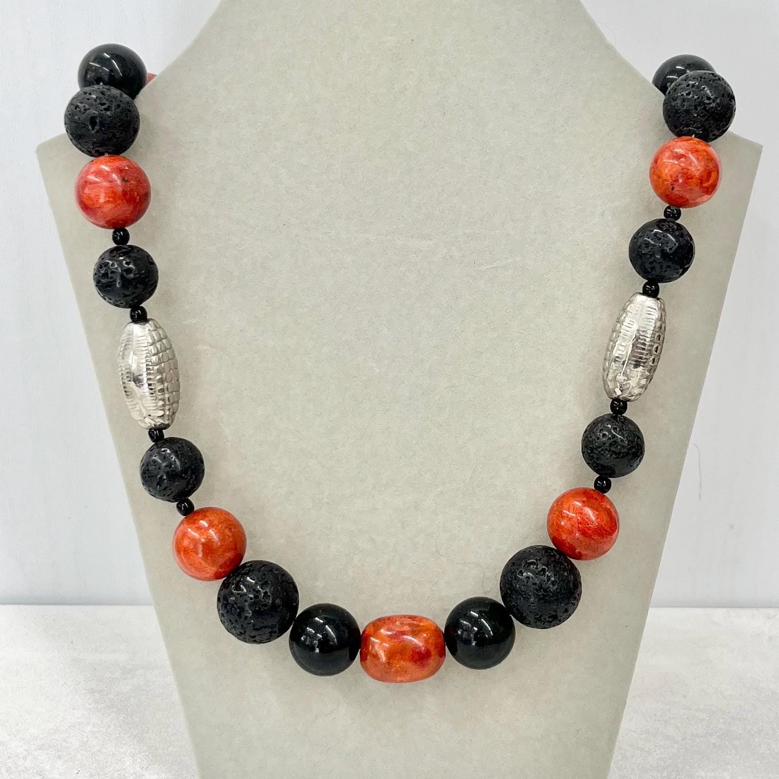 Vintage Black Lava Beaded & Red Agate Chunky Bead Necklace with Silver Accents Long 21” MillyOliverVintage