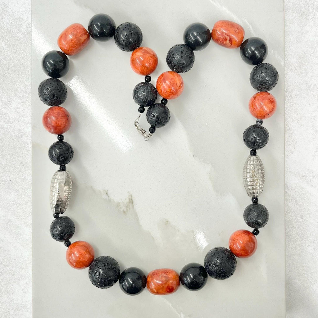 Vintage Black Lava Beaded & Red Agate Chunky Bead Necklace with Silver Accents Long 21” MillyOliverVintage