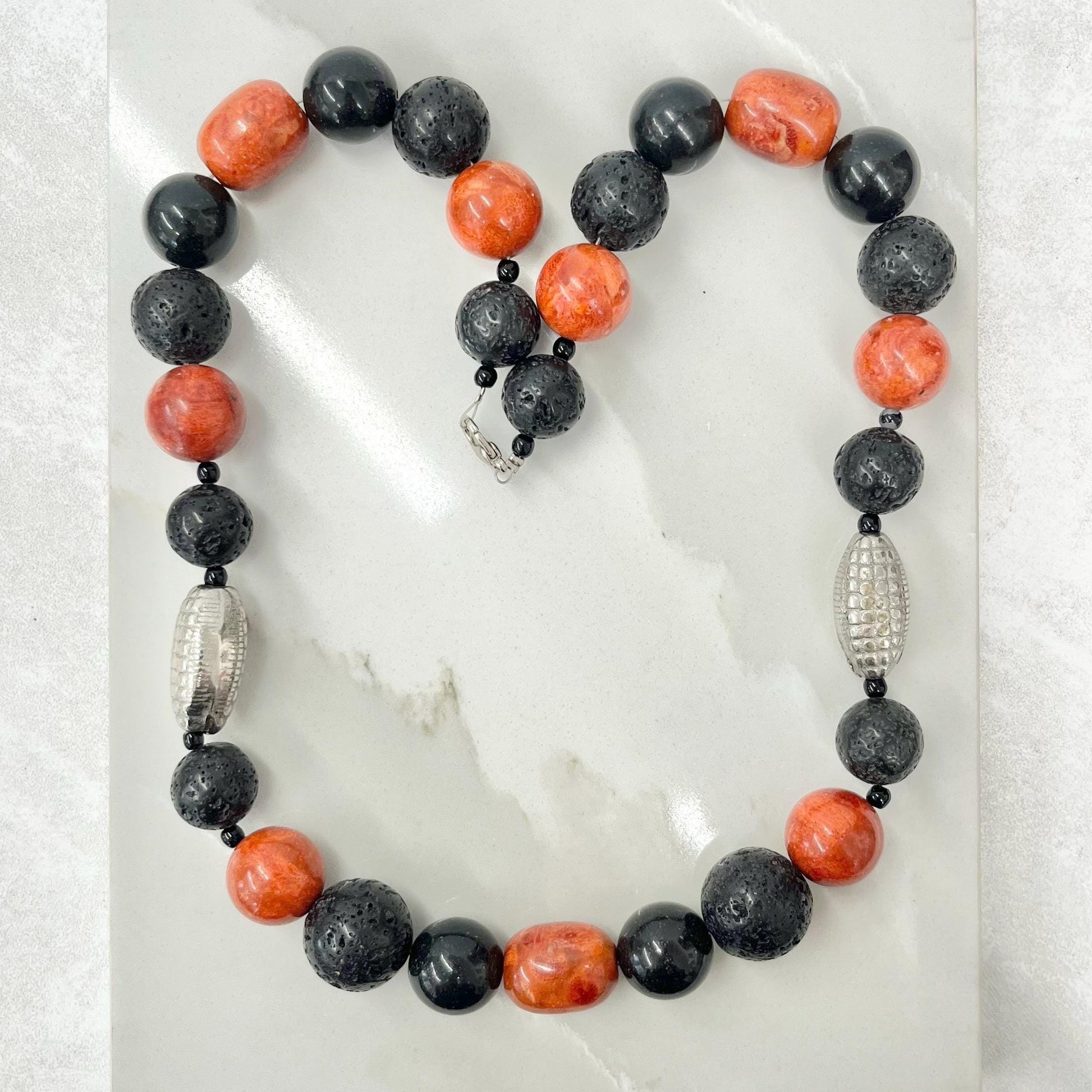 Vintage Black Lava Beaded & Red Agate Chunky Bead Necklace with Silver Accents Long 21” MillyOliverVintage