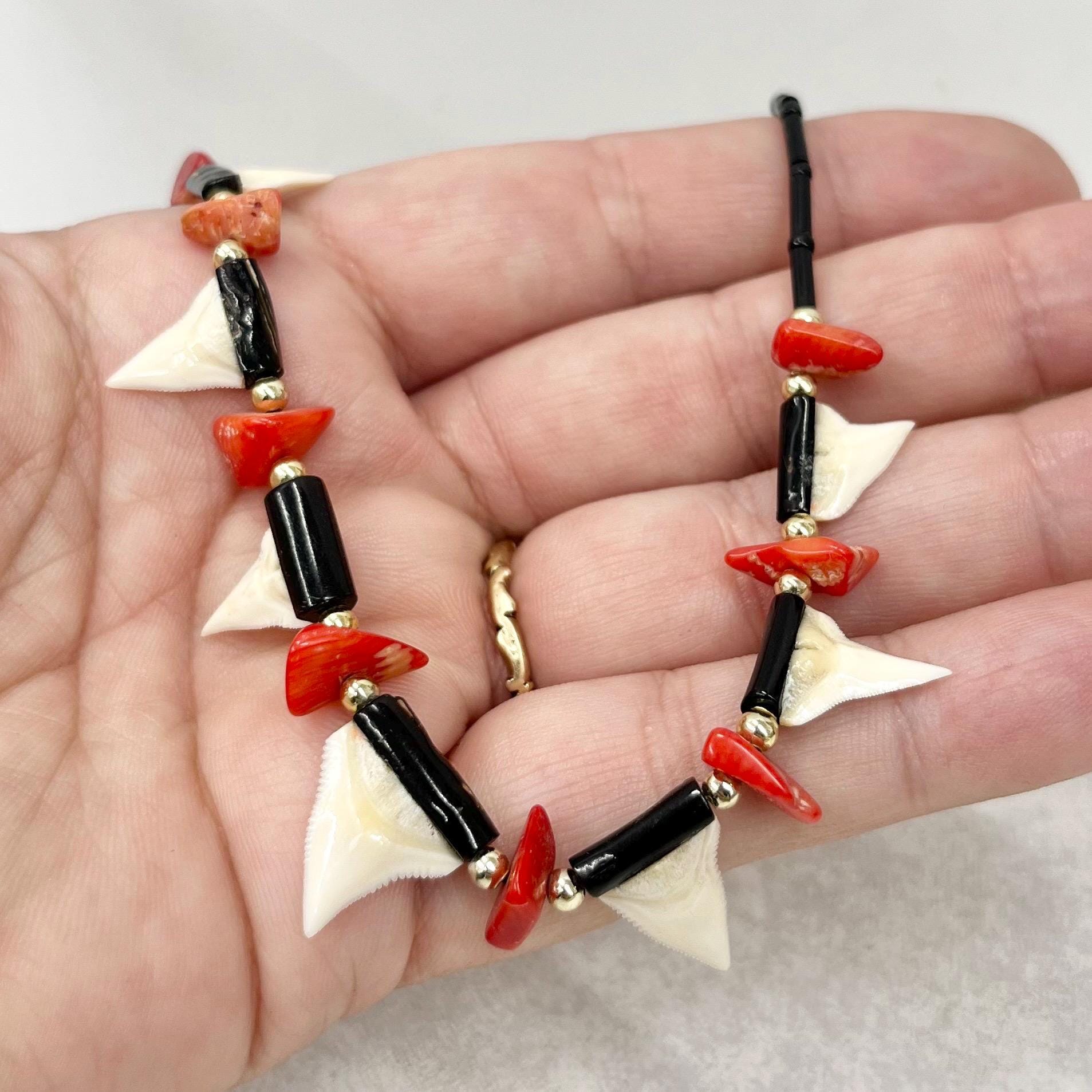 Vintage Black & Red Mounted Sharks Tooth Necklace with Silver Accents 18” Long MillyOliverVintage