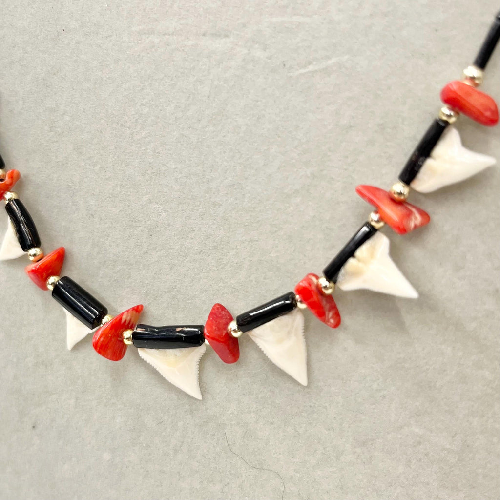 Vintage Black & Red Mounted Sharks Tooth Necklace with Silver Accents 18” Long MillyOliverVintage