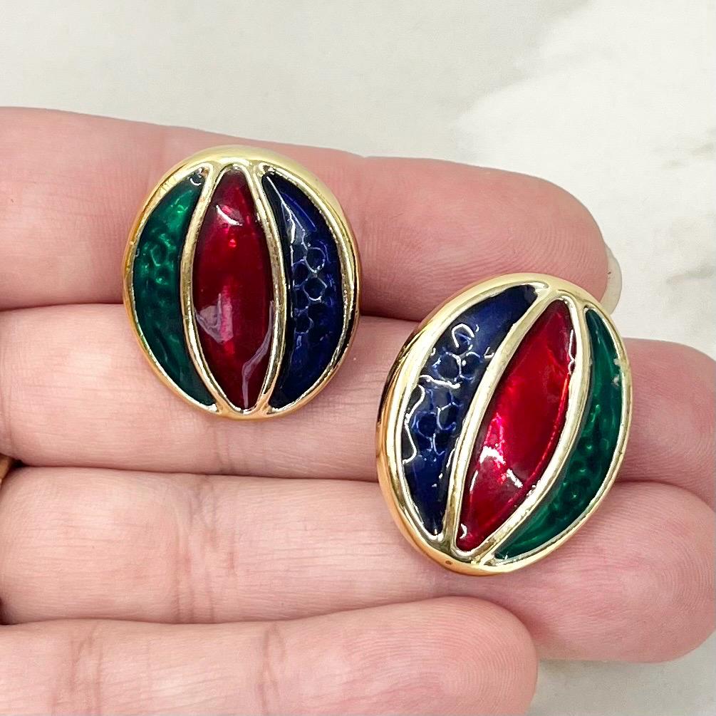 Vintage Enamel Oval Clip On Earrings Green Red Navy in a Gold Tone Setting 1980’s - 1990’s MillyOliverVintage