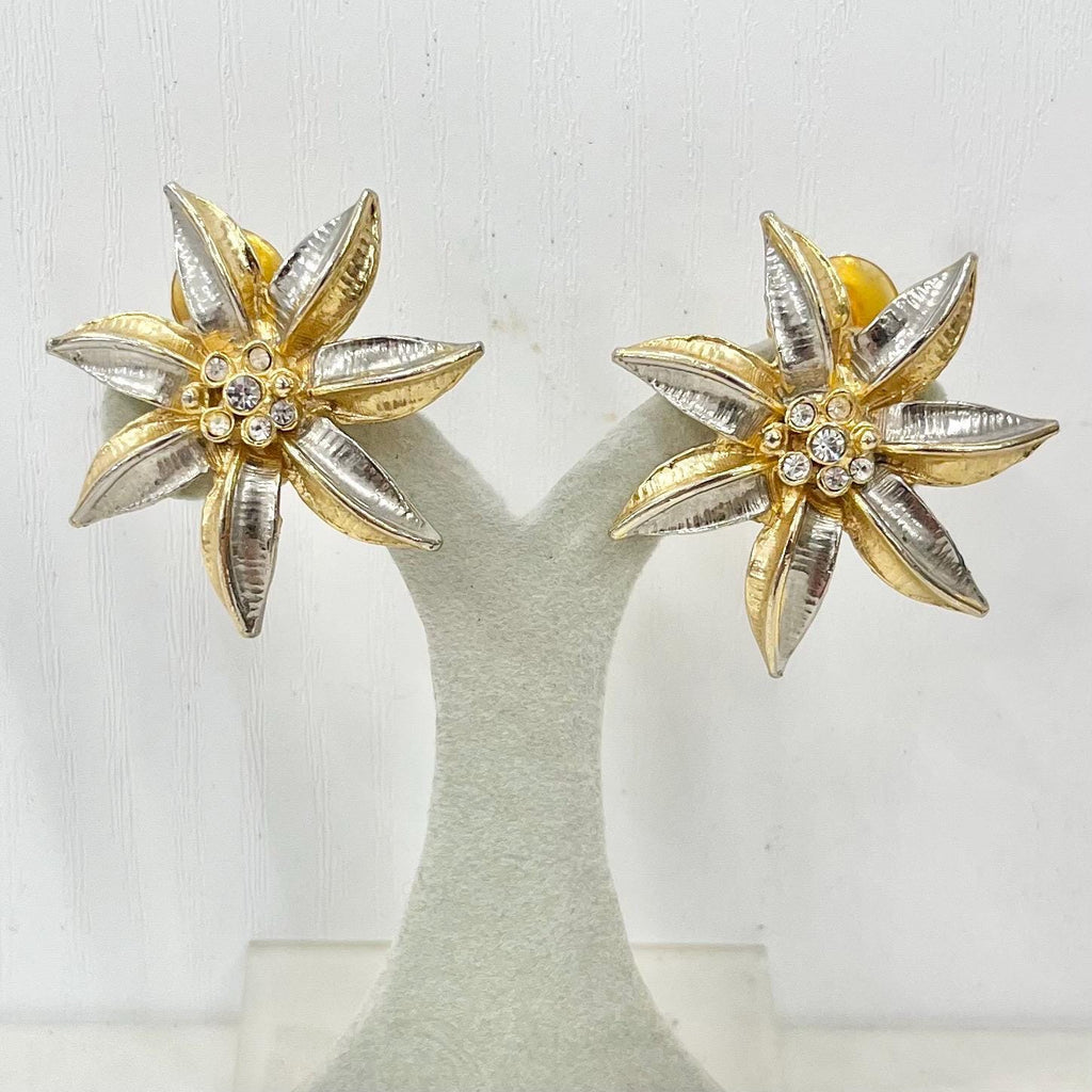 Vintage Two Tone Gold & Silver Star Flower Clip On Earrings with Diamante Accents 1970’s - 1980’s MillyOliverVintage