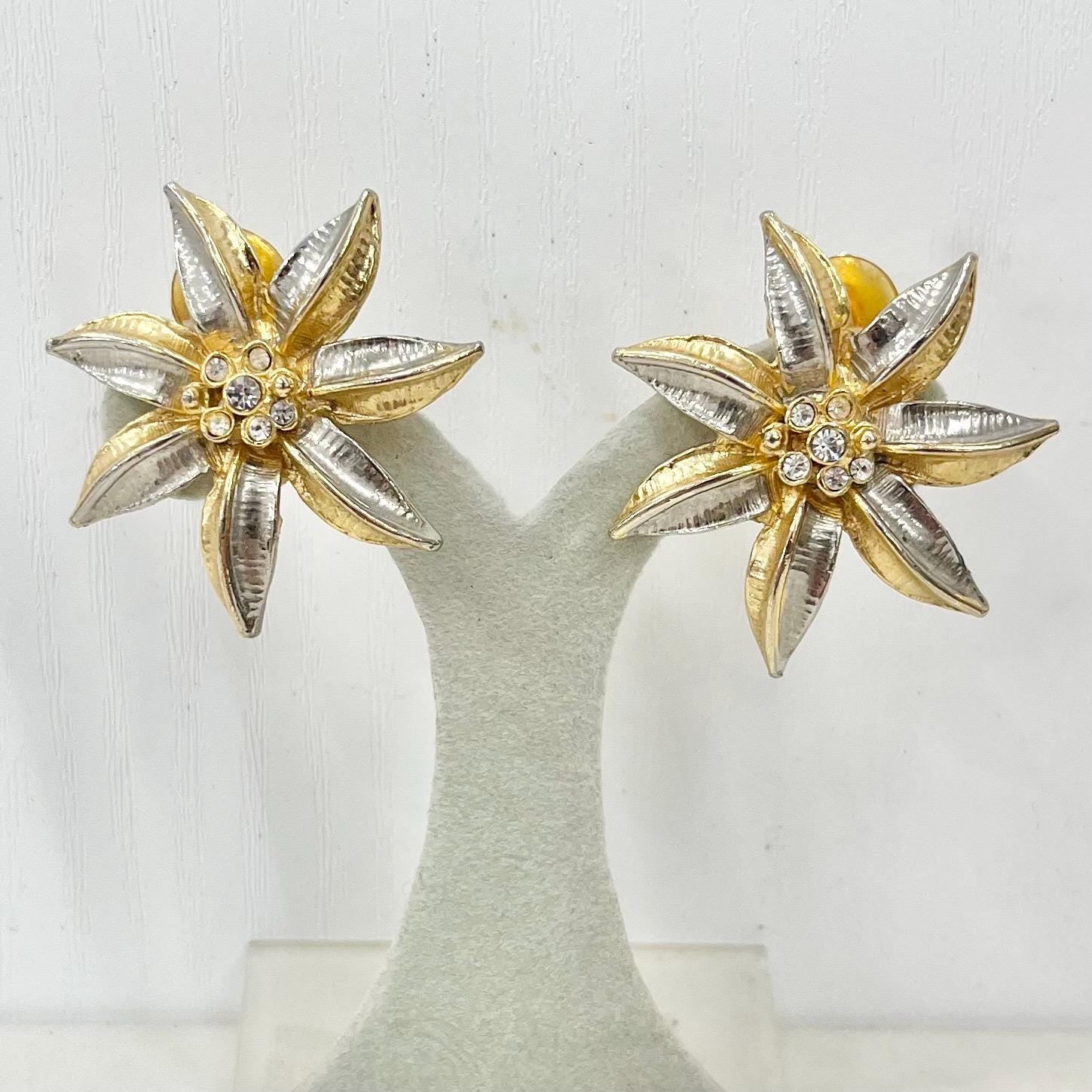 Vintage Two Tone Gold & Silver Star Flower Clip On Earrings with Diamante Accents 1970’s - 1980’s MillyOliverVintage