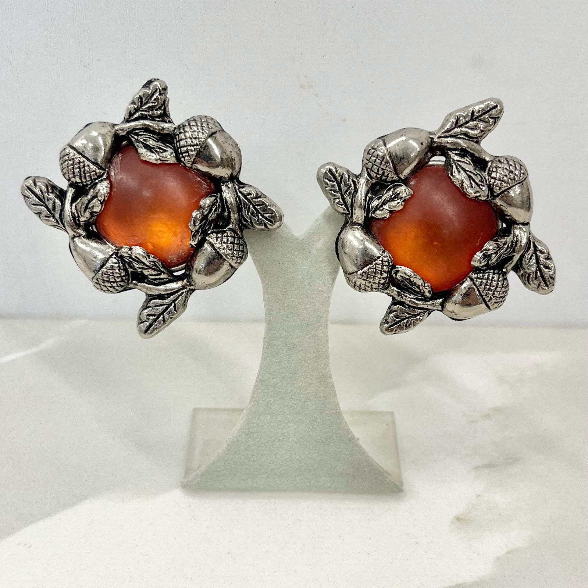 Vintage Atumnal Silver Tone Large Oversized Faux Amber Acorn Clip On Earrings 1970’s - 1980’s MillyOliverVintage